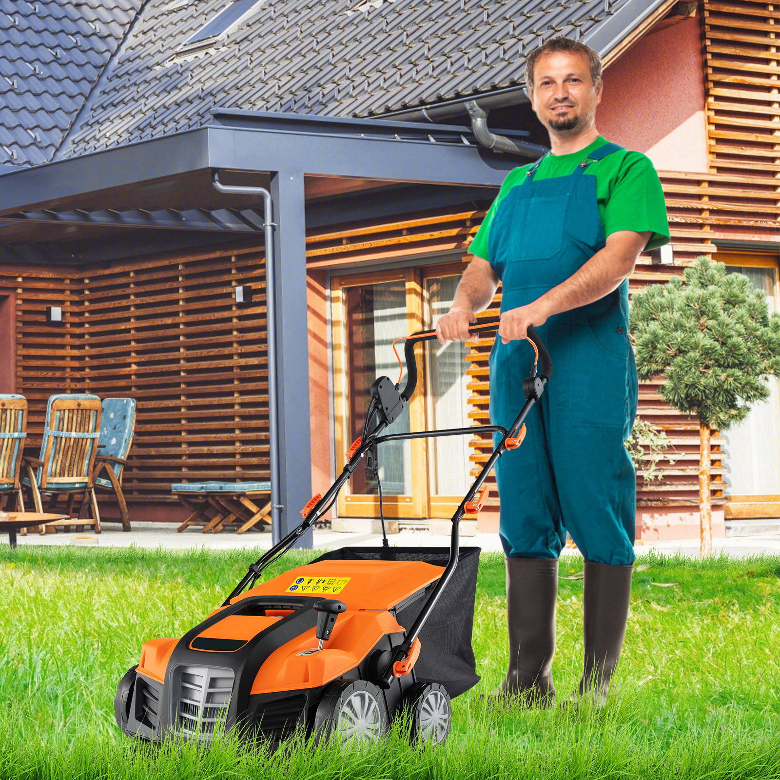 LJG 16-Inch Electric Lawn Dethatcher and Scarifier with Collection Bag