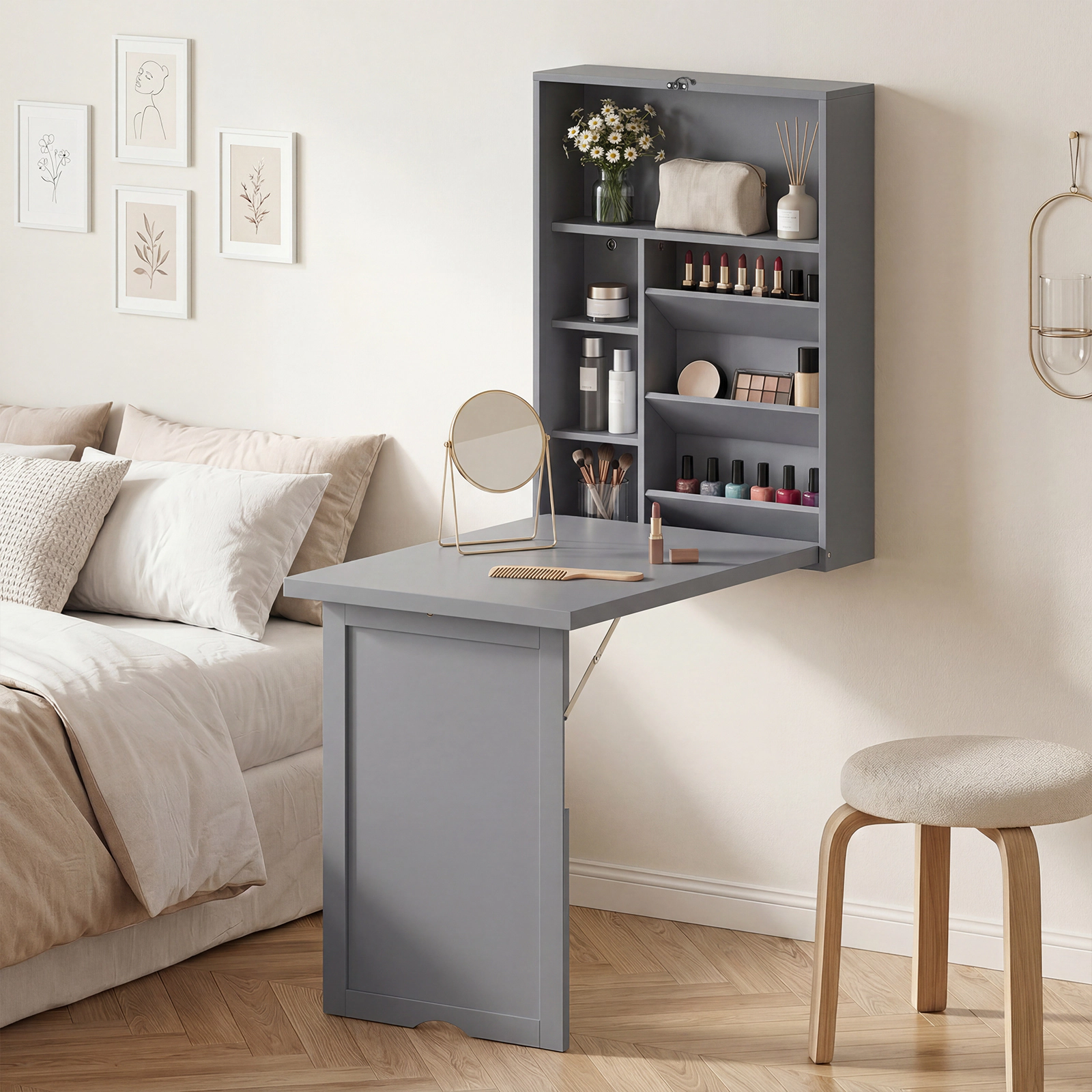 Costway Wall Mounted Computer Convertible Desk Floating w/ Storage Bookcases White