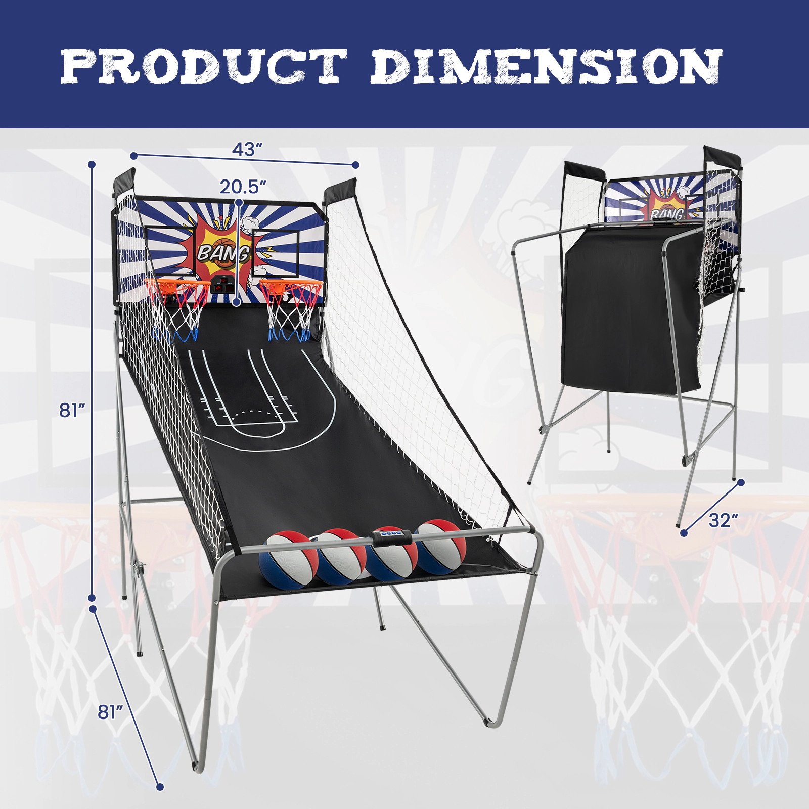 SUGIFT Dual Shot Basketball Arcade Game 8 Modes Electronic Scoring 4 Basketballs 43 x 32 x 81-in Folded Ages 6+ White