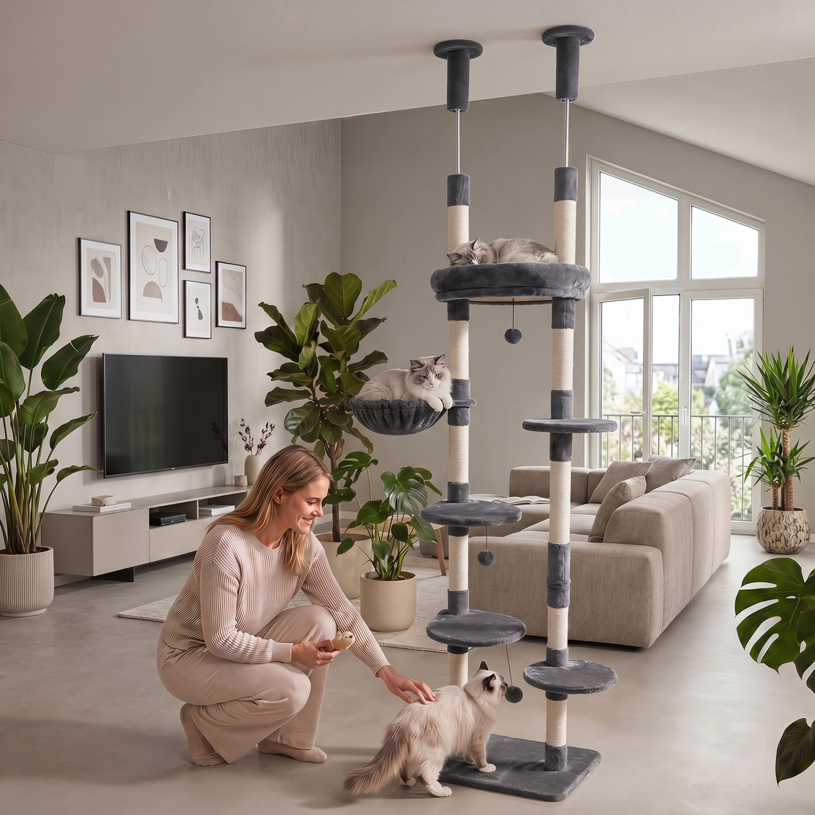 SUGIFT Gray 6-Tier Floor to Ceiling Cat Tree with Rotatable Bed and Sisal Posts