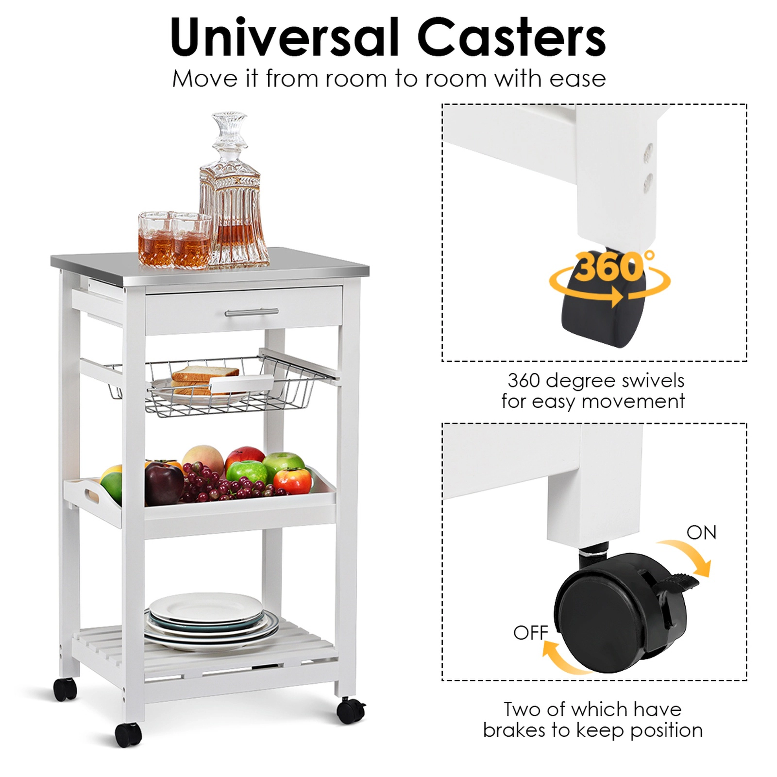 SUGIFT White Kitchen Cart on Wheels with Stainless Steel Top Rolling Serving Trolley Drawer and Basket