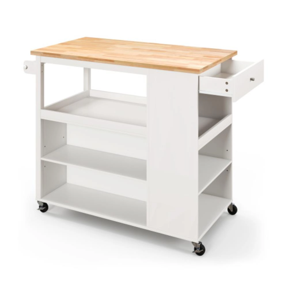 Hivvago Kitchen Island Trolley Cart On Wheels With Storage Open Shelves And Drawer-White