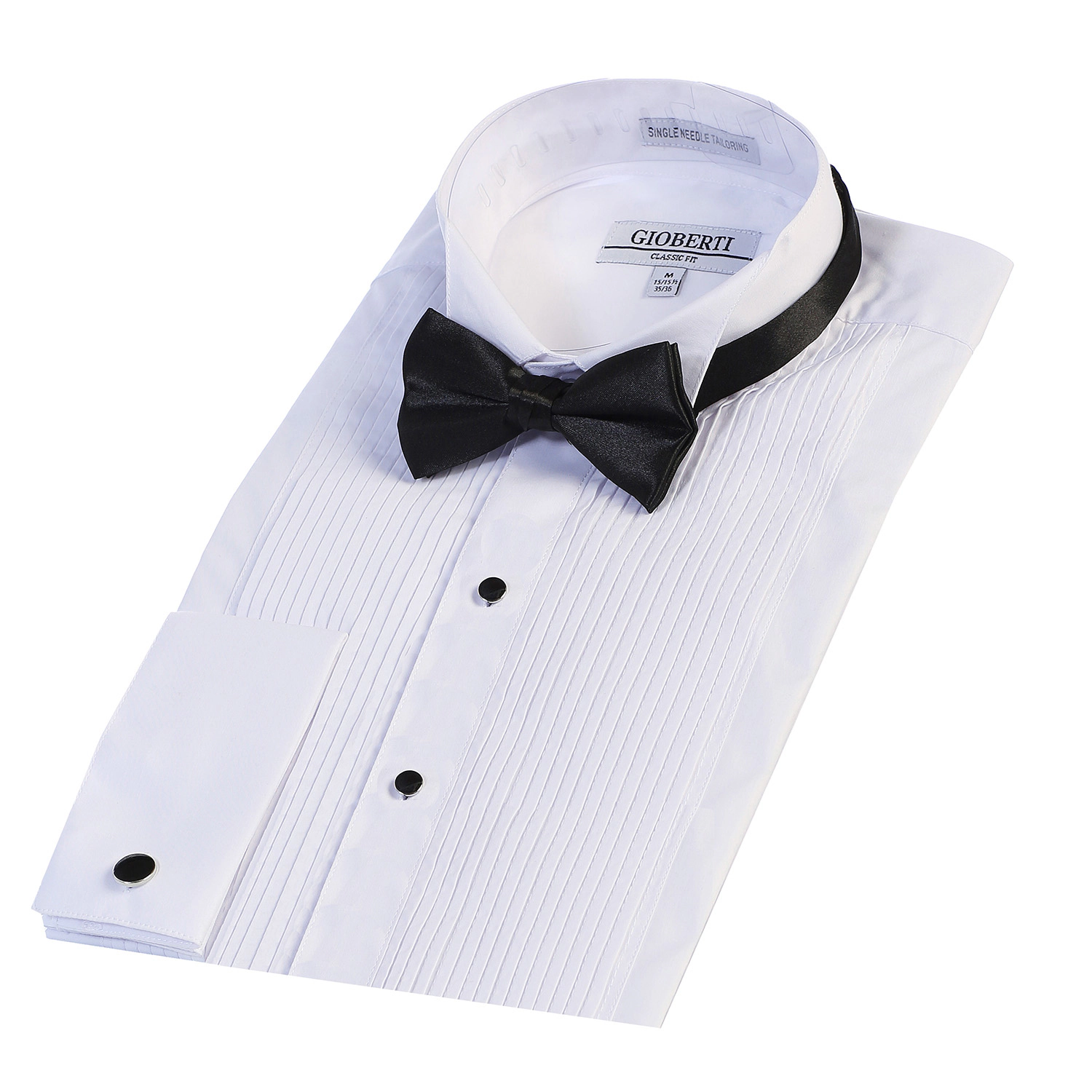 Gioberti Men's Wing Tip Collar White Tuxedo Dress Shirt with Bow Tie