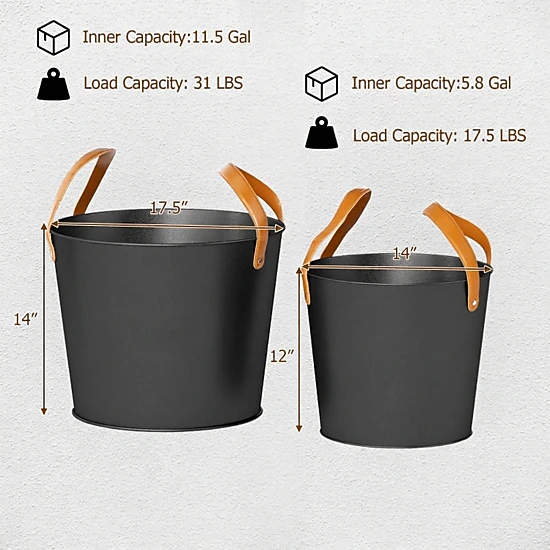 SUGIFT Set of 2 Powder Coated Wood Handles 11.5 Gal 5.8 Gal Metal Fireplace Ash Buckets 17.5-in x 17.5-in x 14-in Black