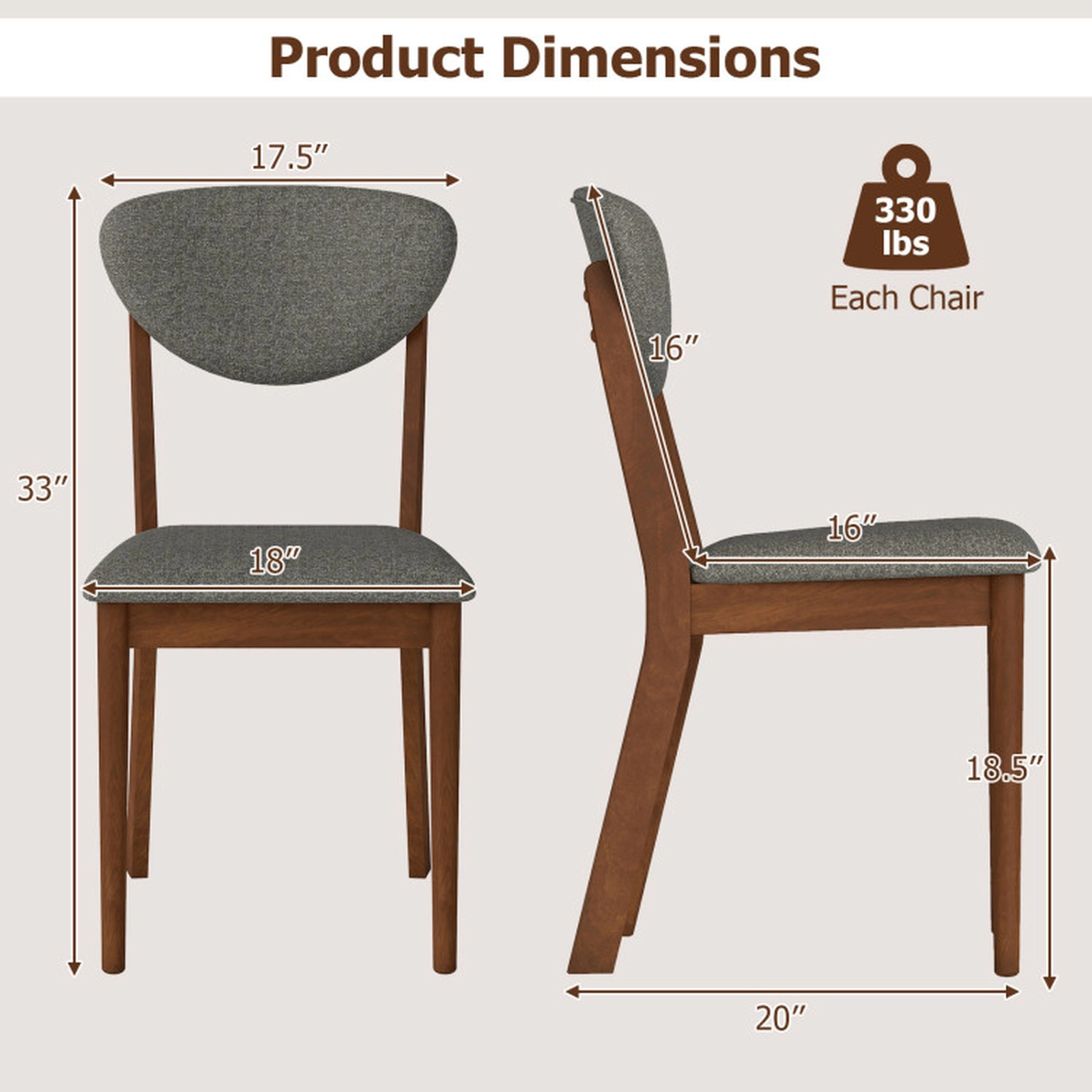 SUGIFT Wide Padded Seat Wooden Dining Chairs Set of 4 330-lb Capacity 18.5-in Seat Height Coffee and Gray