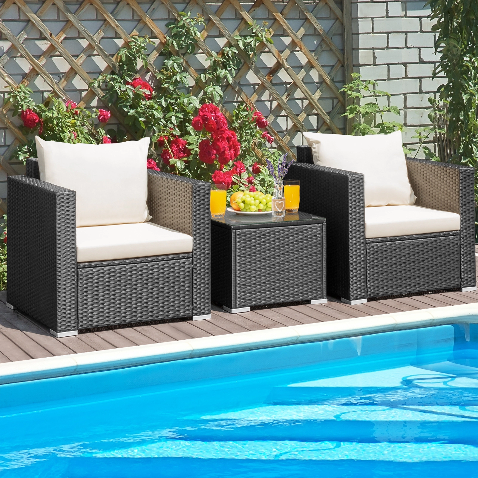 SUGIFT 3-Piece Black Wicker Patio Conversation Set with Deep-Seat Sofas, Cushions and Glass Table