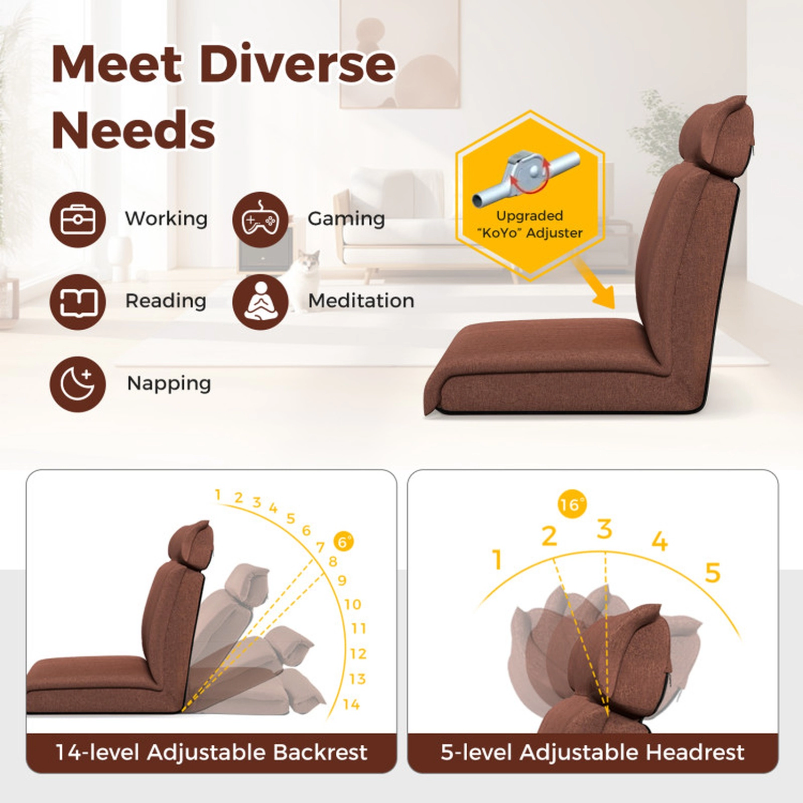 SUGIFT 14-Position Backrest 330-lb Capacity Brown Linen Folding Floor Chair with 5-Position Headrest
