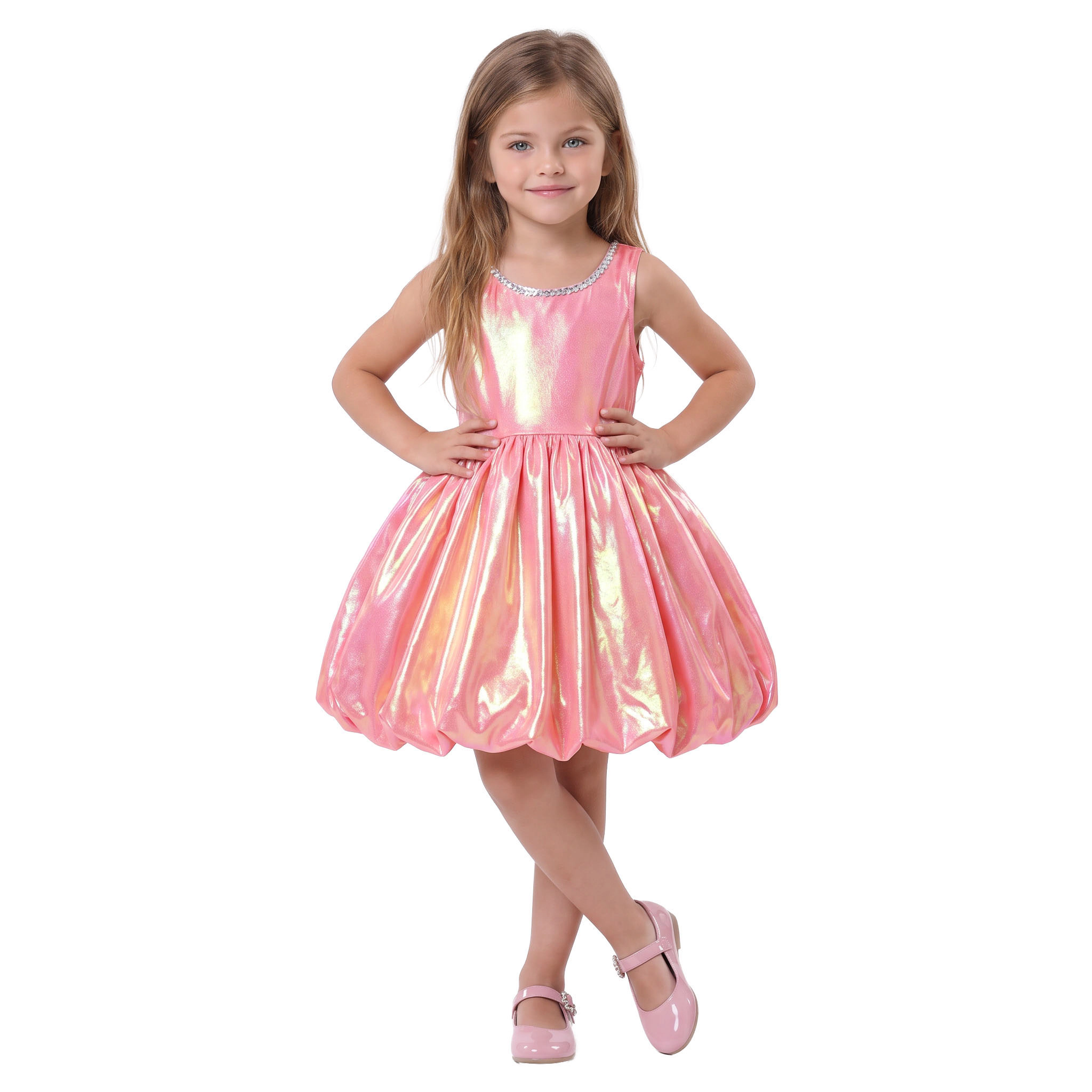 2Bunnies Girls 4T-10Y Iridescent Metallic Bubble Hem Sequin Neckline Party Dress