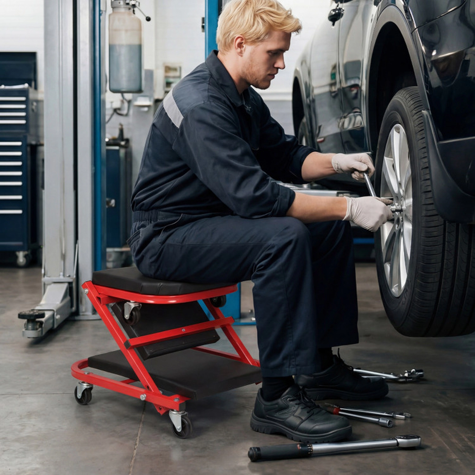 SUGIFT 2-in-1 Folding Automotive Creeper and Z-Shaped Rolling Stool, 400-Lb Capacity, 6 Wheels