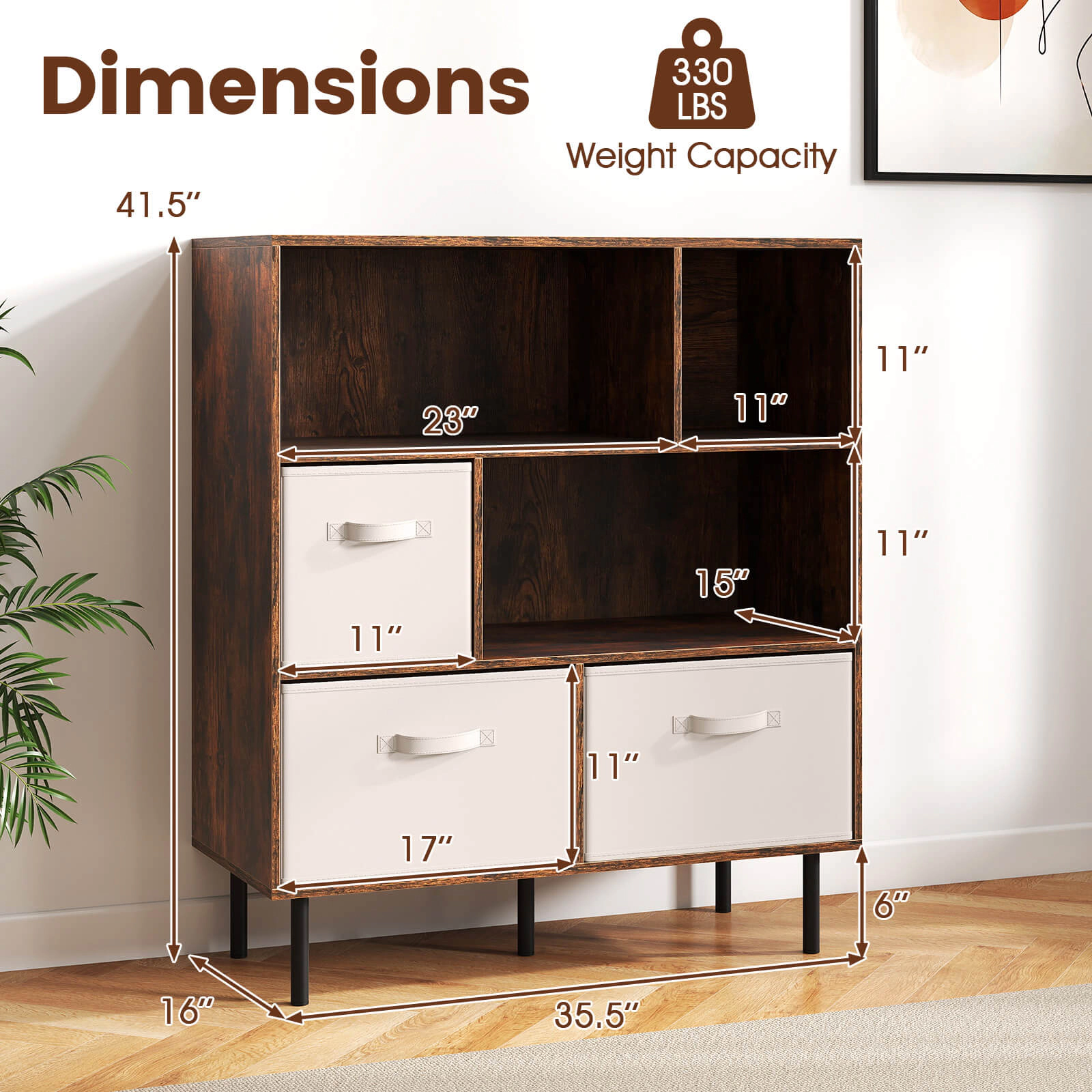 Costway 6-Cube Bookcase with 3 Removable Folding Fabric Drawers 2 Anti-tip Devices for Home Rustic Brown