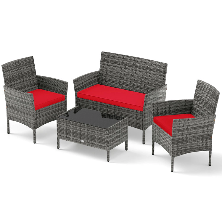 Hivvago 4 Pieces Patio Rattan Conversation Set With Tempered Glass Coffee Table