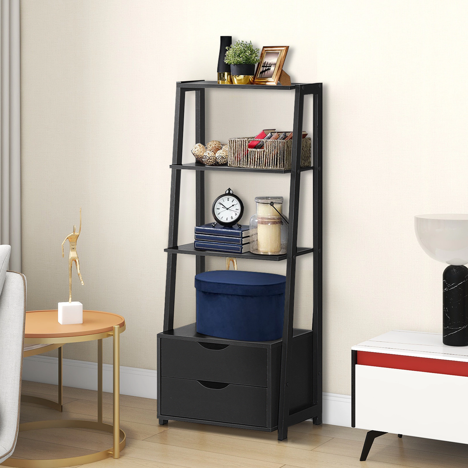 SUGIFT 4-Tier Black 52.4-in Ladder Shelf Bookshelf with 2 Storage Drawers Cut-Out Handles and Toppling Kit