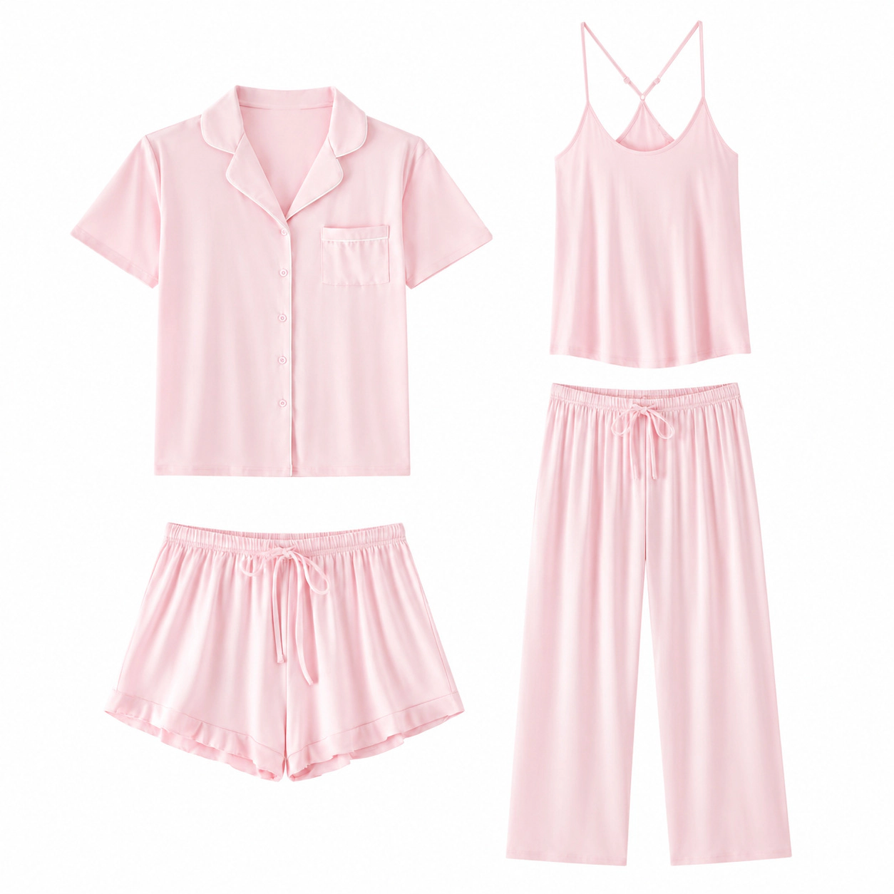 WZK Womens 4-Piece Soft Ruffle Cami Top Shorts Loungewear Pajama Set