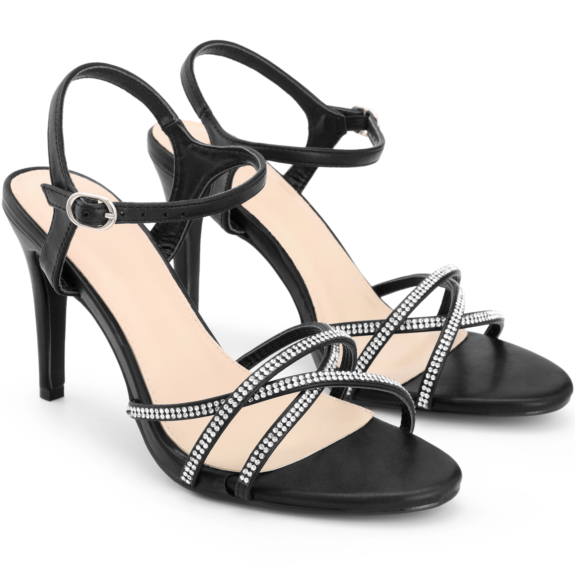 BLISSFUL STEP Women's Rhinestone Strappy Open Toe Slingback Stiletto Heel Sandals