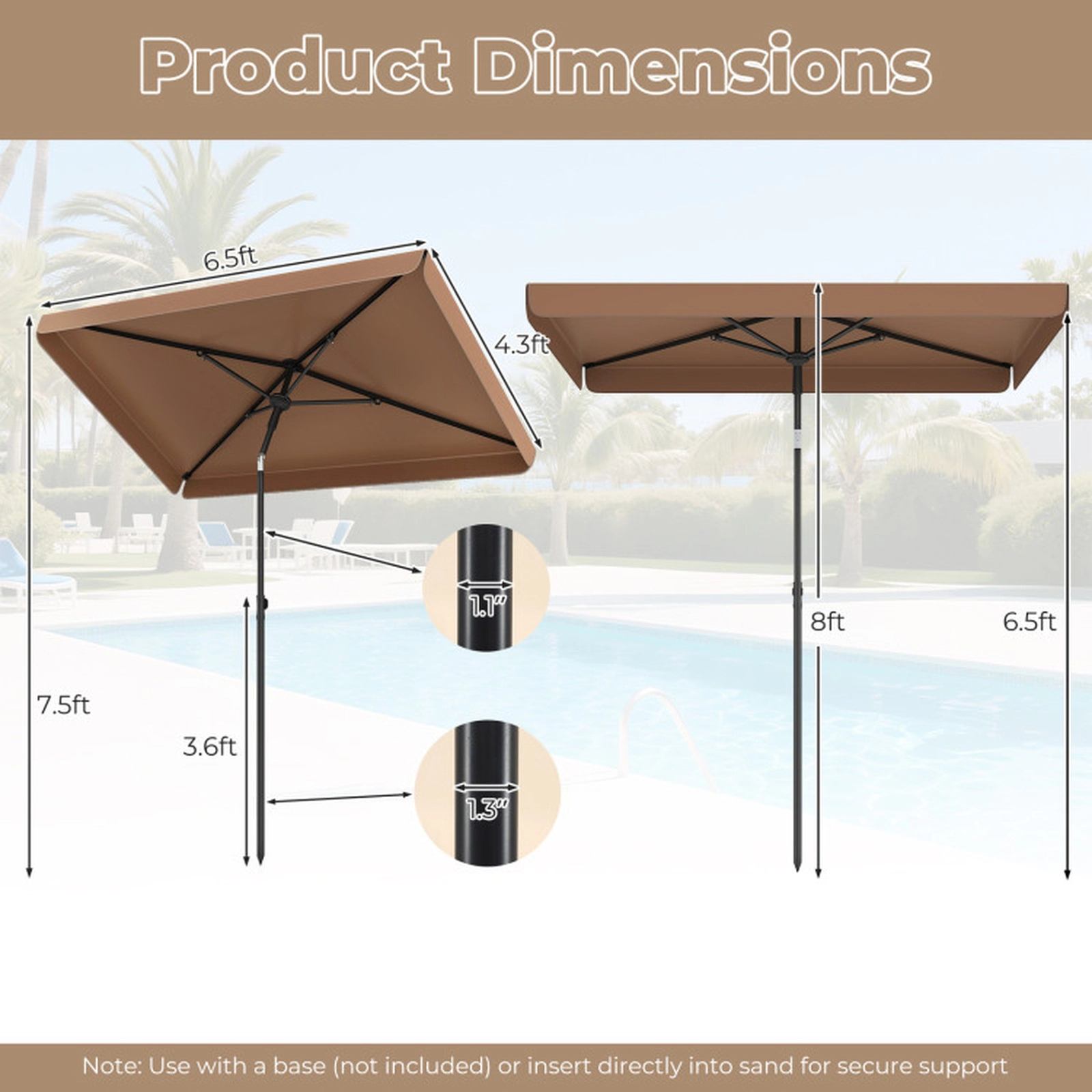 SUGIFT Rectangular Outdoor Balcony Umbrella with Push Button Tilt 6-lb Net Weight Brown with Carrying Bag