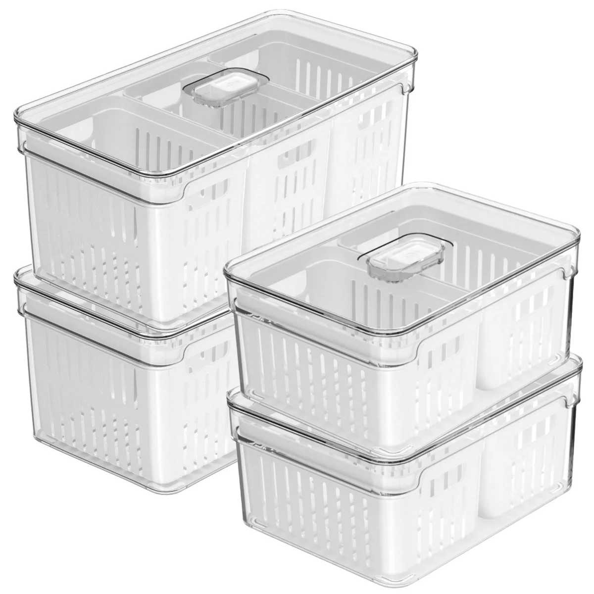 OU Fridge Organizer Bins w/ Drain Baskets & Vented Lid, Clear Stackable Refrigerator Storage Container, BPA Free, 4 Pack