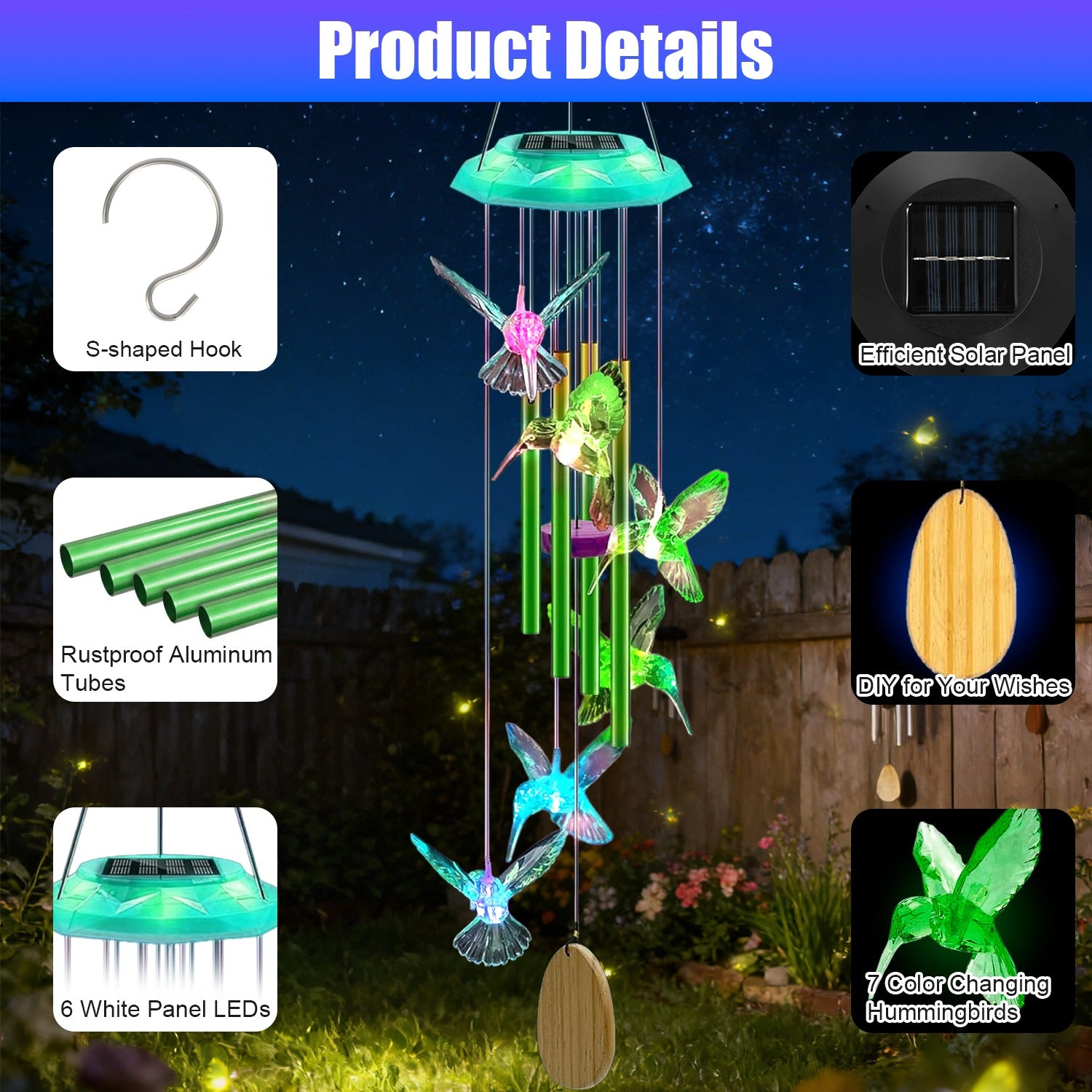 GBruno Solar Hummingbird Wind Chime With LED Lights