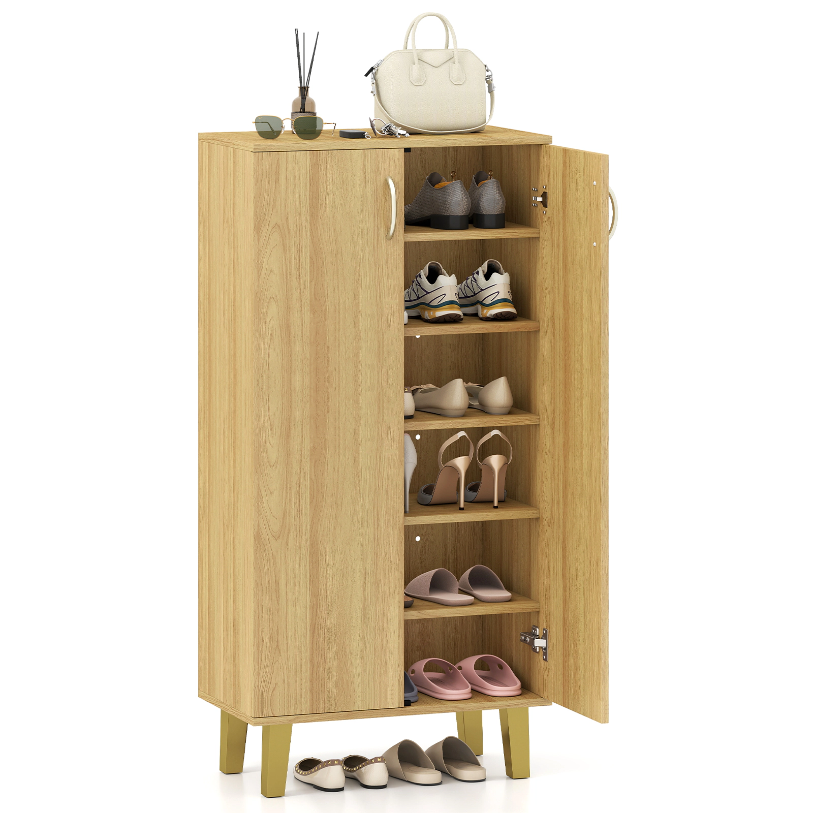 SUGIFT 6-Tier Freestanding Wooden Shoe Cabinet with Doors and Removable Shelves 22-lb Countertop Capacity Natural