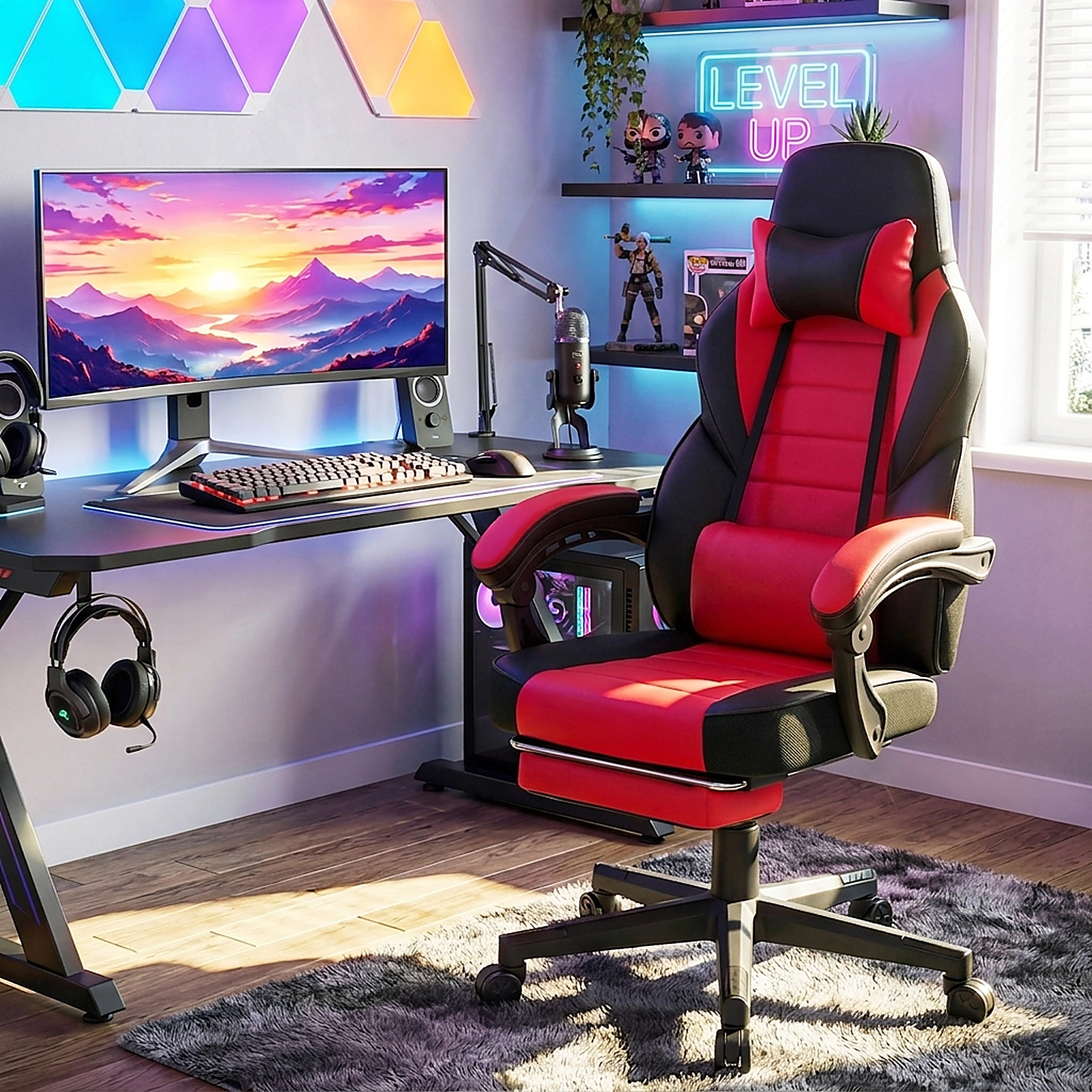 SUGIFT Red and Black Reclining Gaming Chair with 155° Recline, Footrest, Headrest and Lumbar Support