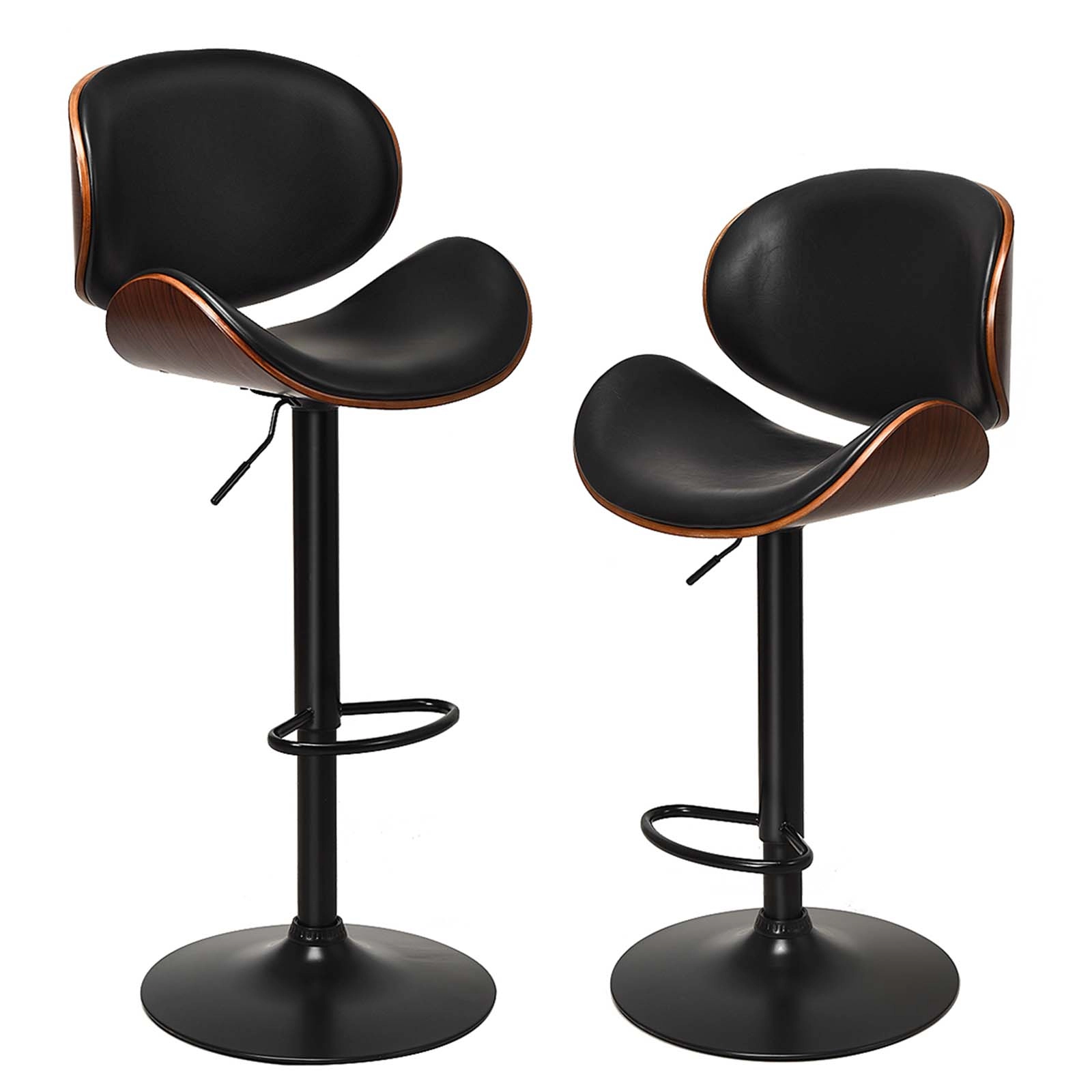 LJG Set of 2 Adjustable Swivel PU Leather Bar Stools with Curved Footrest