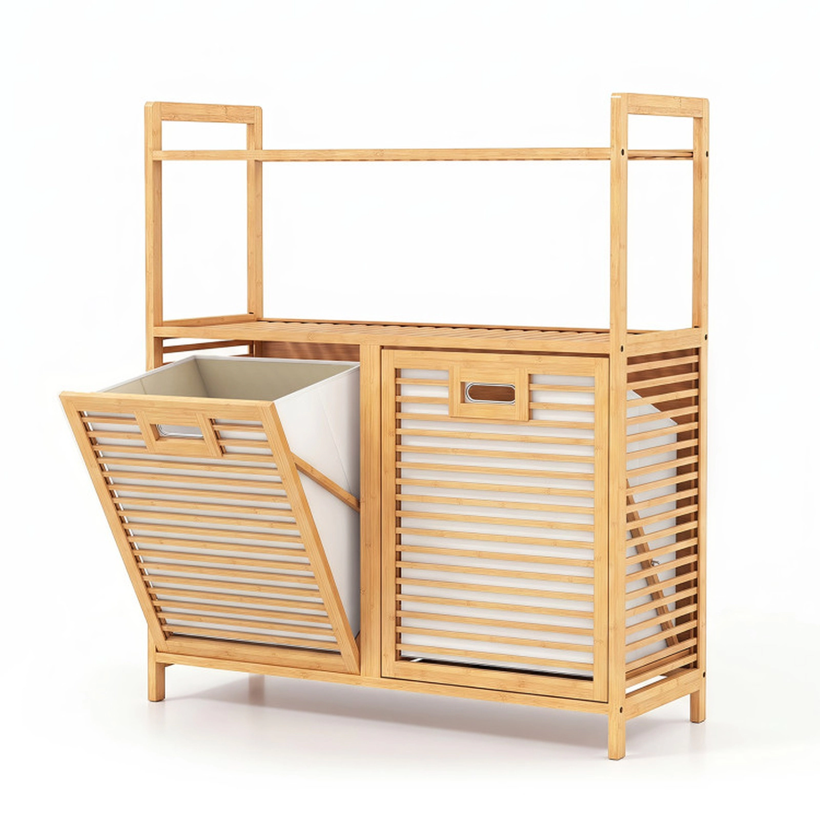 SUGIFT Double Tilt Out Laundry Hamper with 2 Shelves for Dirty Clothes 154-lb Capacity 32-in Wide Natural