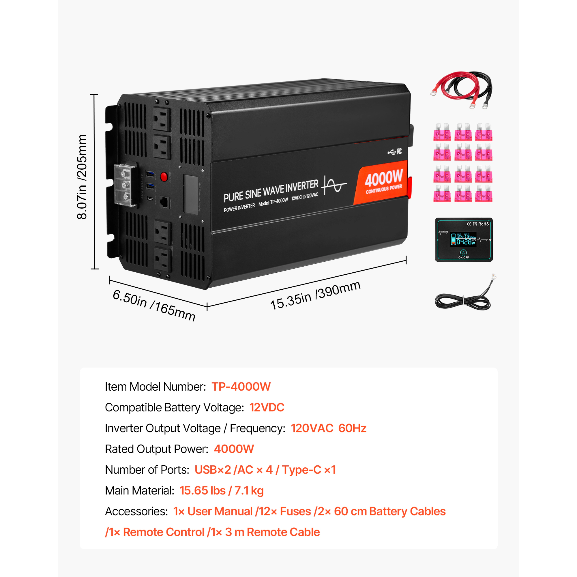 HONGGE Power Inverter, 12V DC to 120V AC Pure Sine Wave Inverter, Car Charger Converter with Remote Control