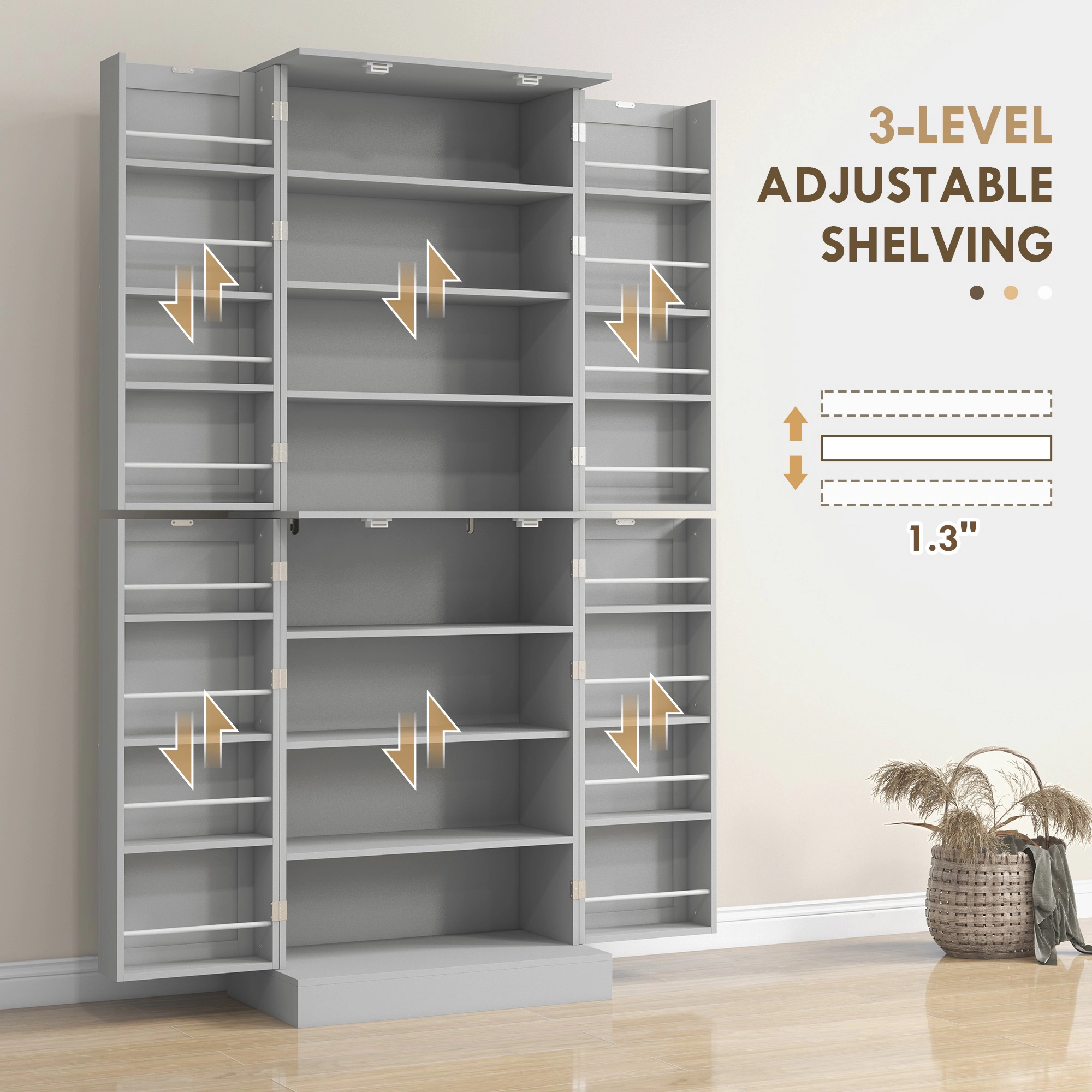 HONGGE 65" Kitchen Cabinet, Kitchen Pantry Cabinet with 4 Doors and 16 Door Shelves for Dining Room