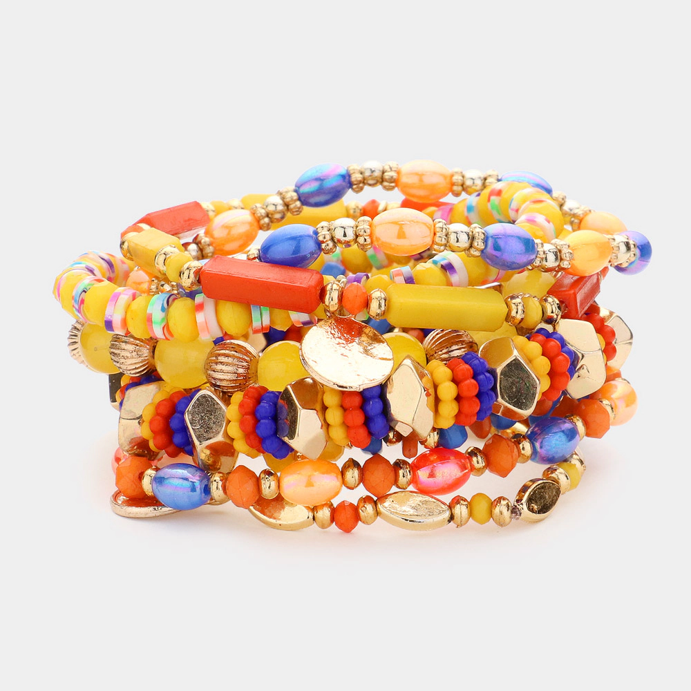 FASHNZFAB 8PCS - Metal Coin Tree Of Life Charm Multi Beads Beaded Layered Bracelets