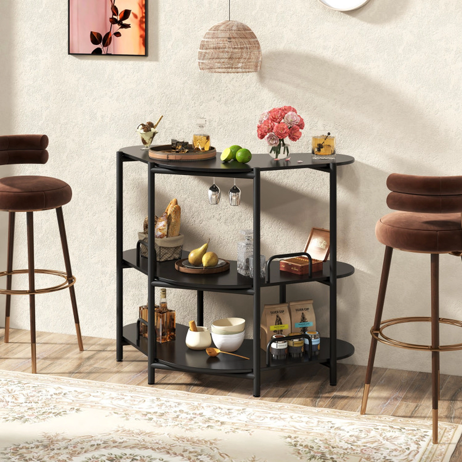 SUGIFT 3-Tier Liquor Bar Table with Stemware Racks and Storage Shelves 200-lb Capacity Rustic Brown & Black