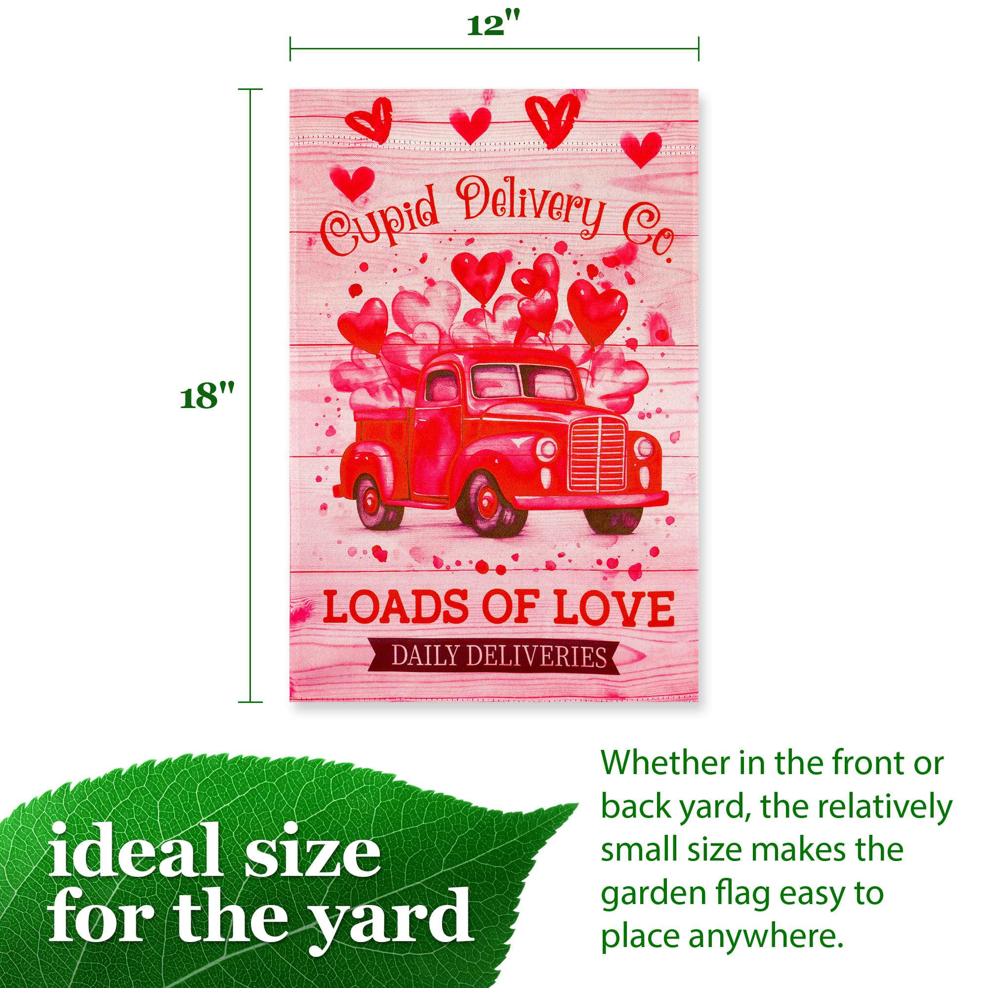 G128 Valentine's Day Cupid Delivery Truck Garden Flag 12x18 in Double-Sided