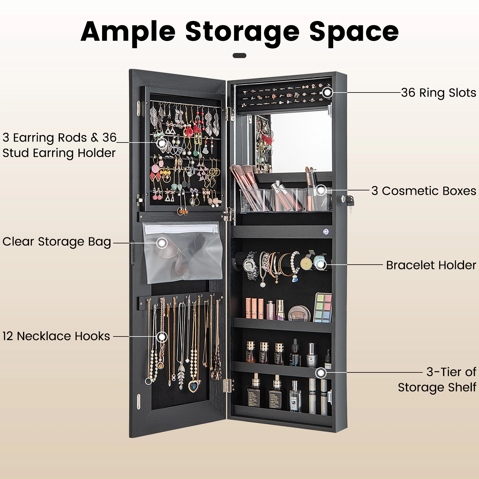Hivvago Lockable Jewelry Mirror Cabinet with LED Lights