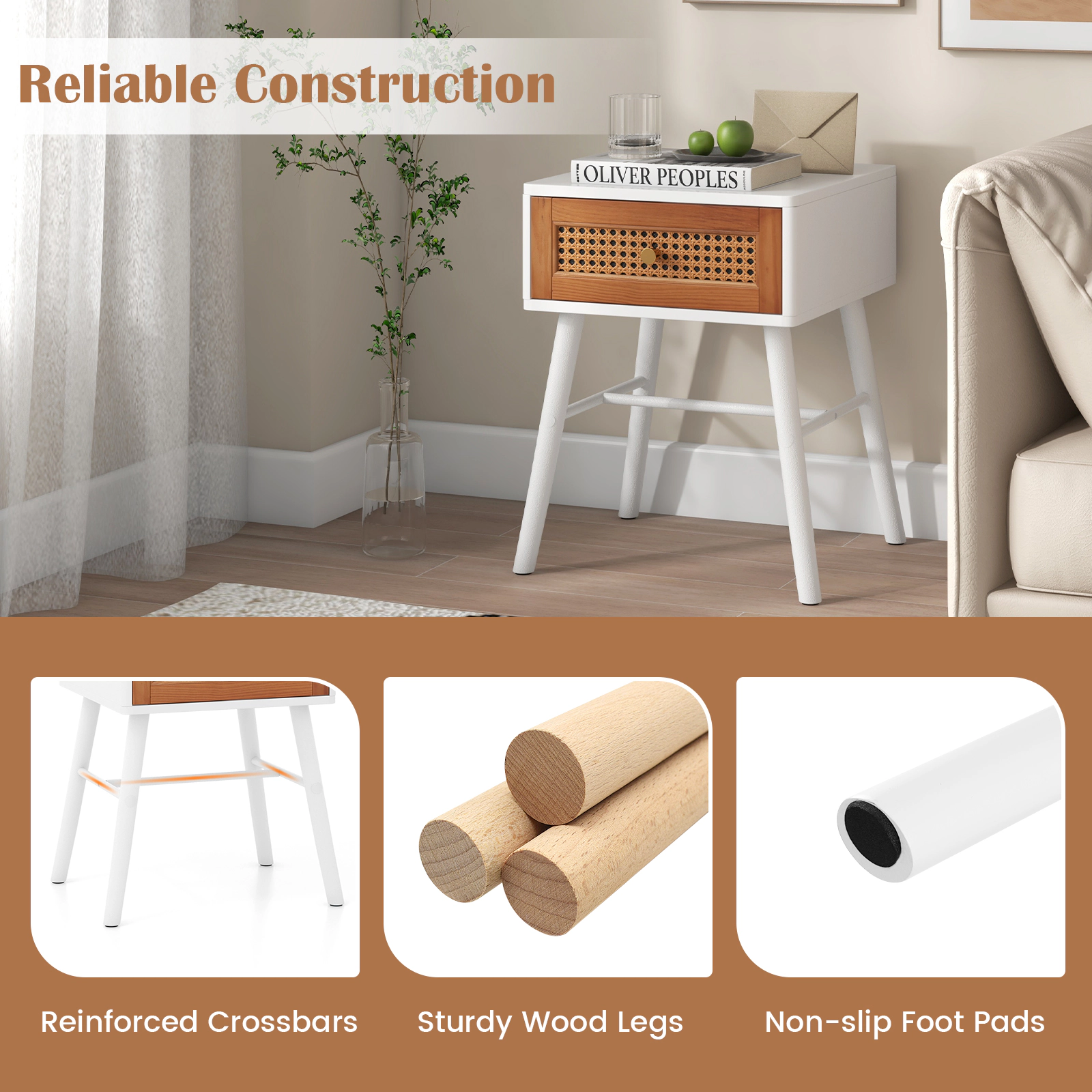SUGIFT Rattan Drawer Mid Century Nightstand Accent Table 110-lb Tabletop Capacity White + Brown