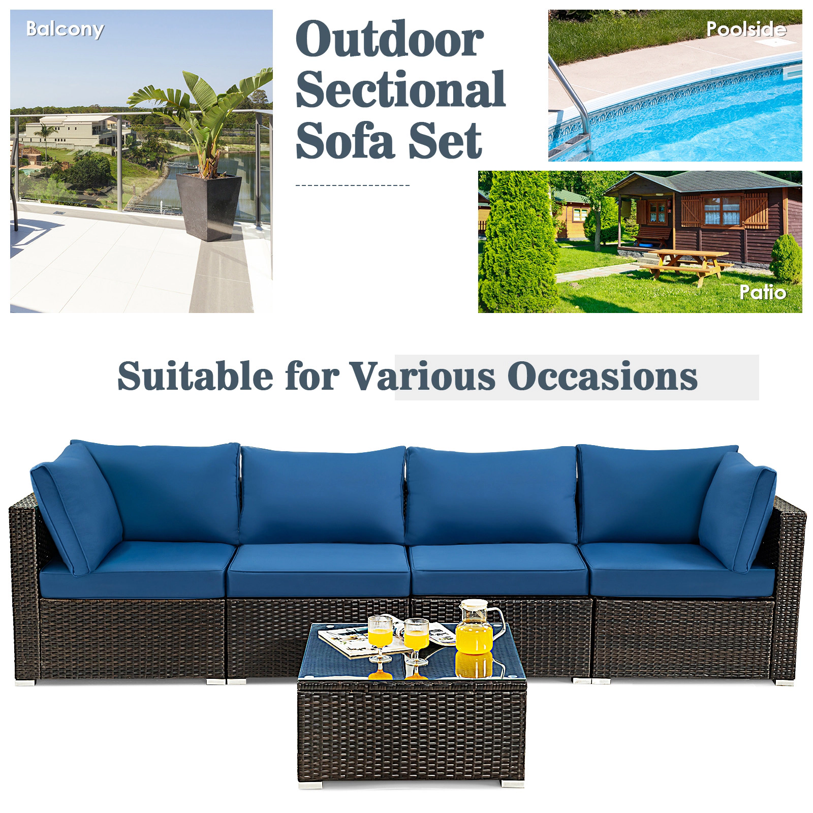 SUGIFT 5 Piece Cushioned Patio Rattan Furniture Set with Tempered Glass Table