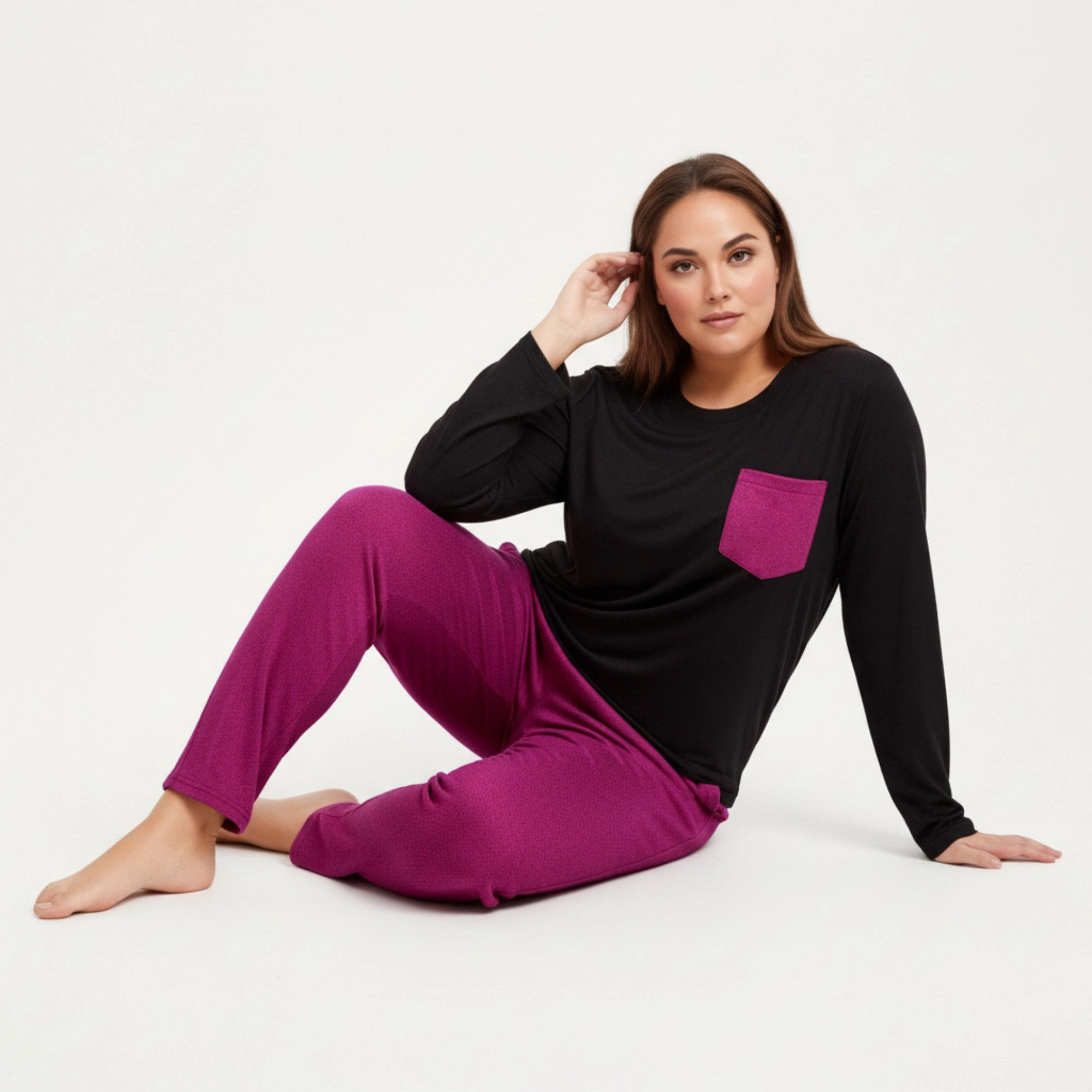 Anna-Kaci Women's 2-Piece Long Sleeve Knit Top Contrast Pocket and Soft Stretch Pajama Pants Relaxed Tapered Fit