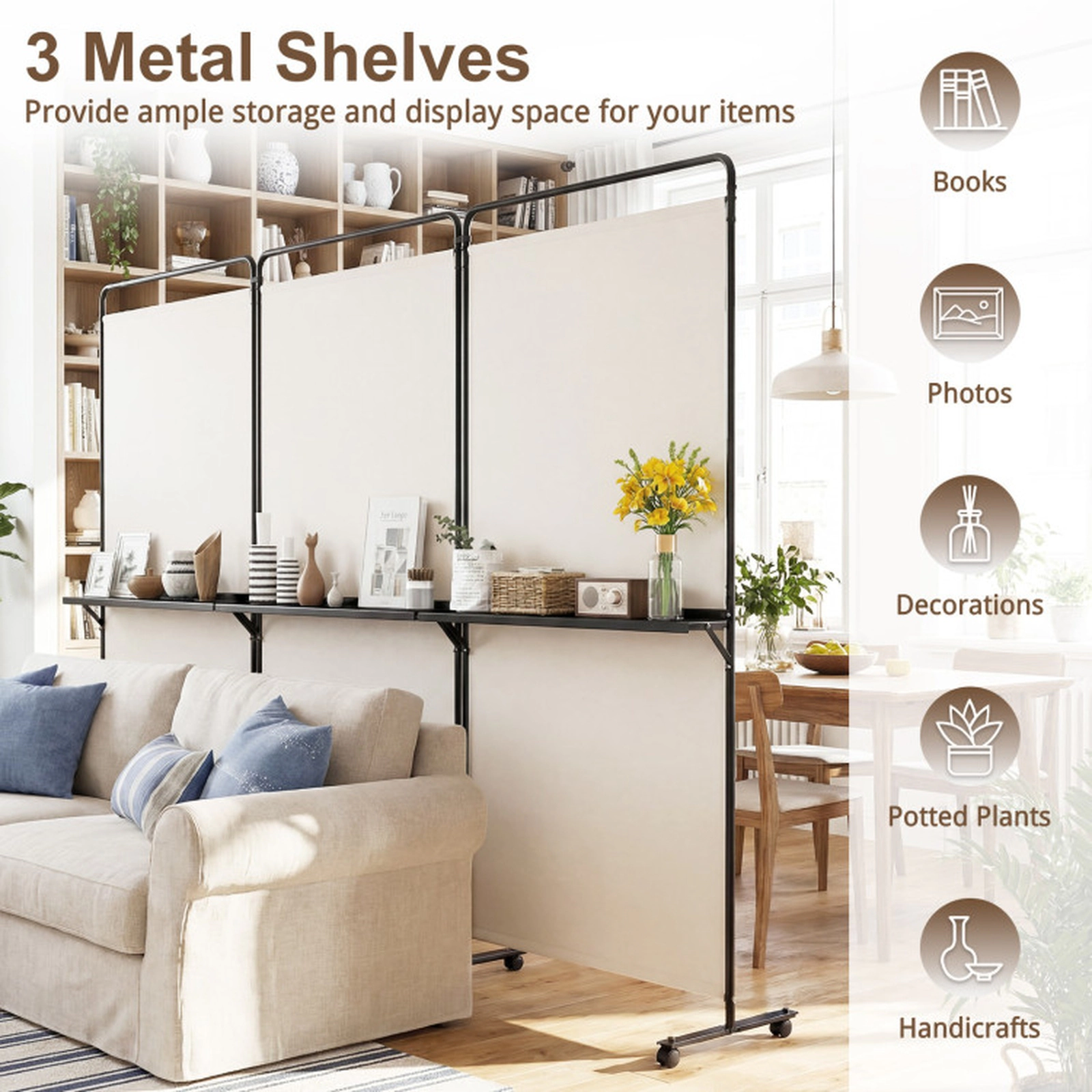 SUGIFT 3-Panel Room Divider with Shelves 74-in Tall Folding Privacy Screen with Lockable Wheels White