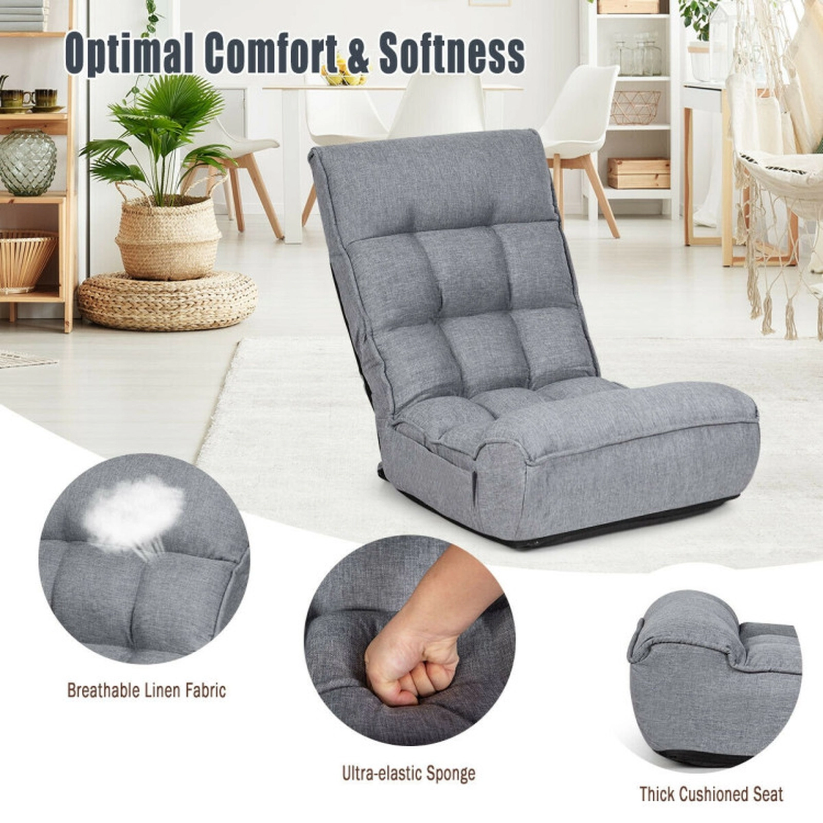 SUGIFT 4-Position Adjustable 286-lb Capacity Gray Steel Frame Folding Floor Chair and Lazy Sofa