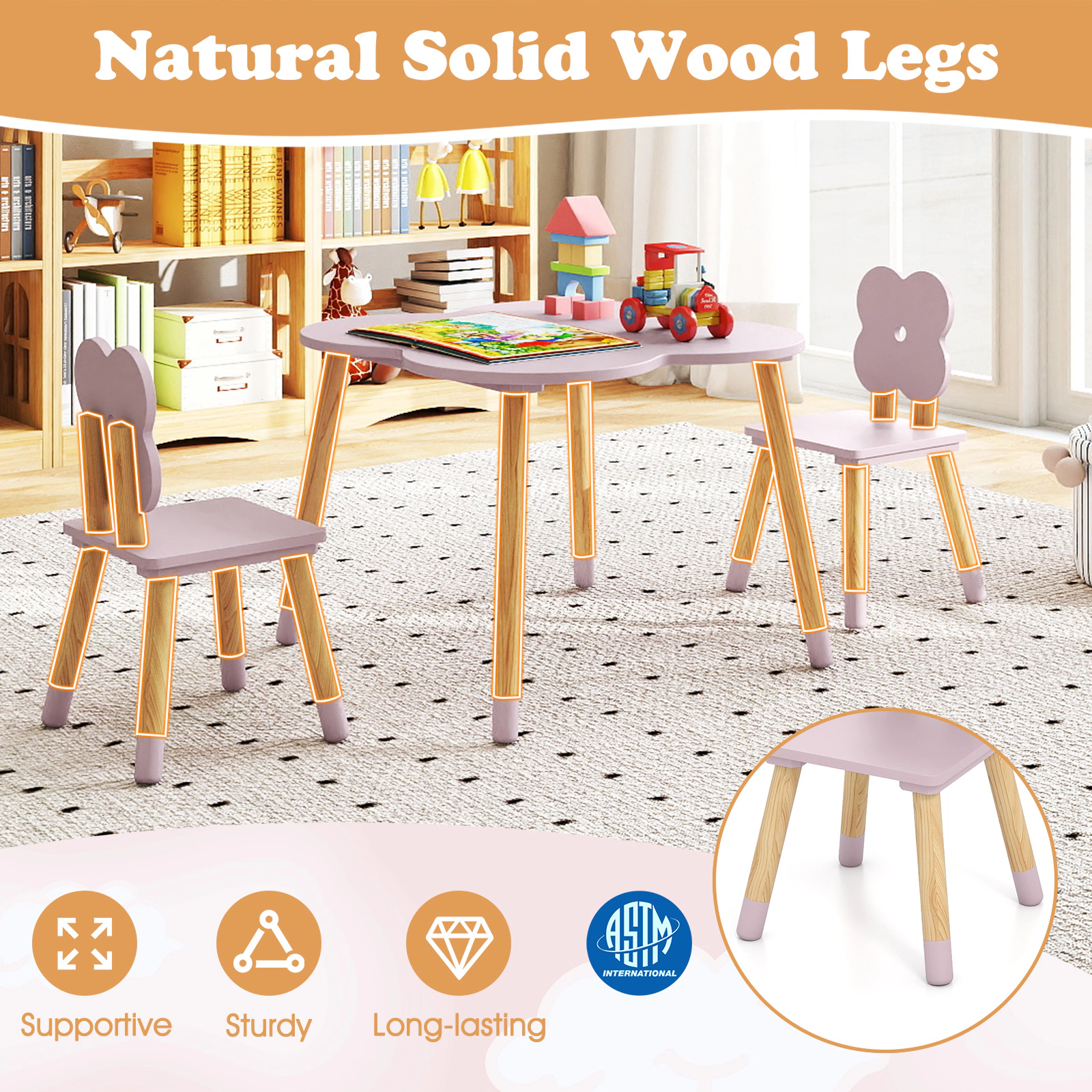 SUGIFT Pink Solid Pine Wood Legs 3-Piece Kids Flower Shaped Table and Chairs Set