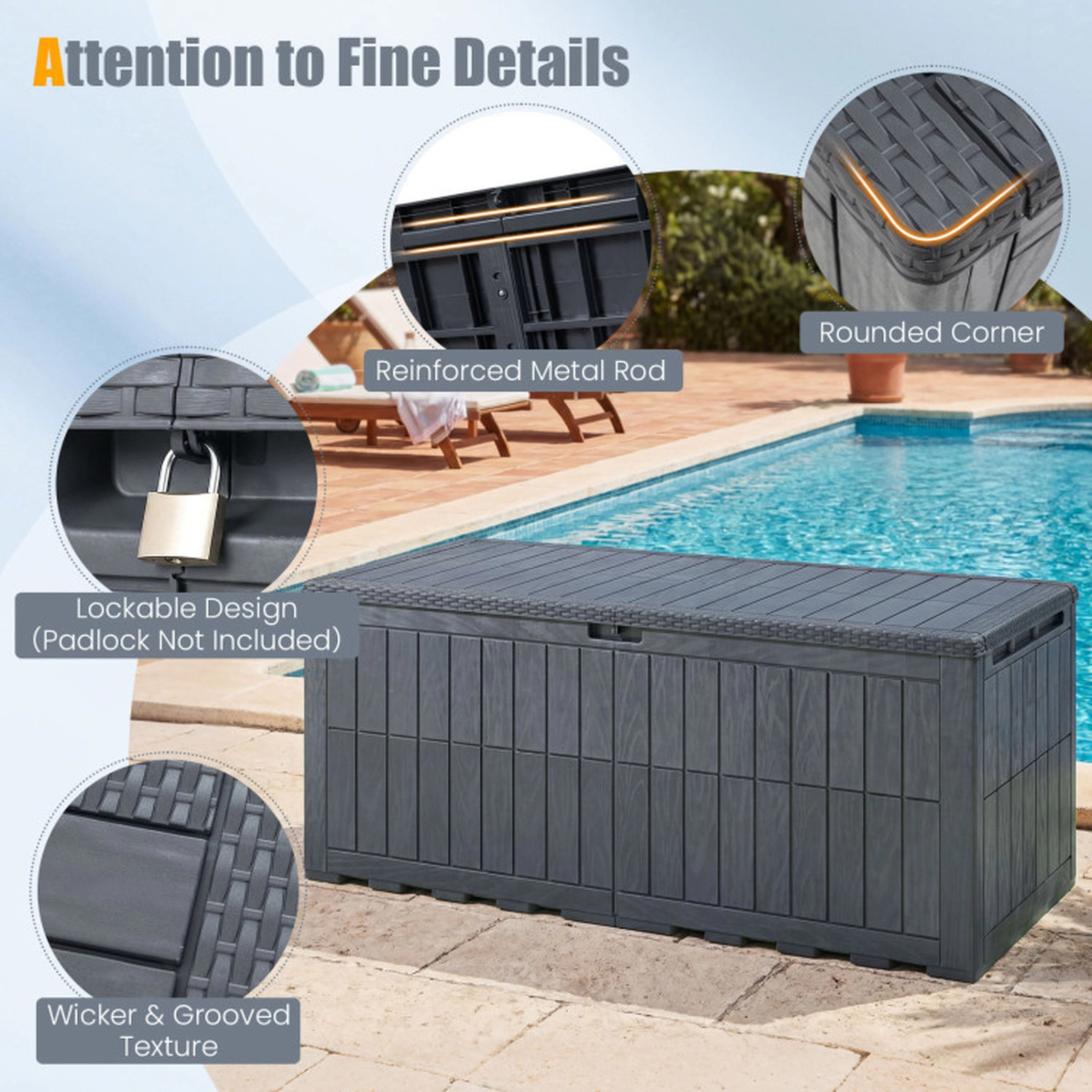 SUGIFT 180 Gal Outdoor Deck Box All-Weather Lockable Storage Bin with Lid and Handles 620-lb Seating Capacity Gray