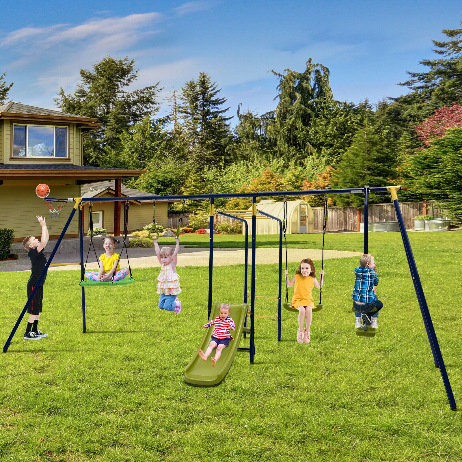 SUGIFT 7-in-1 A-Shaped Steel Kids Outdoor Swing Set with Slide Basketball Hoop Monkey Bar and Gym Rings