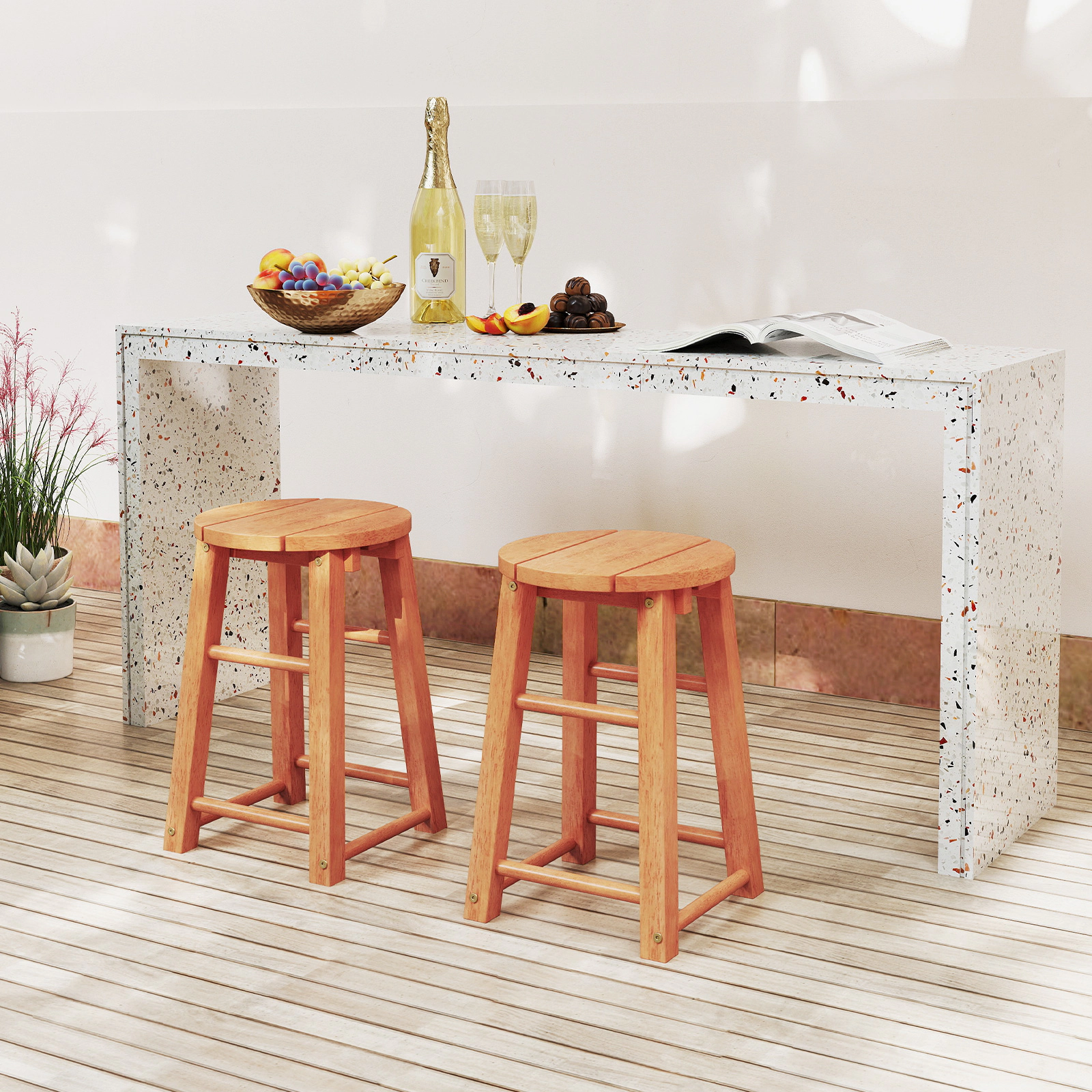 SUGIFT Set of 2 Round Seat and Wood Crossbars Eucalyptus Wood 18-in 265-lb Rated Stools Natural