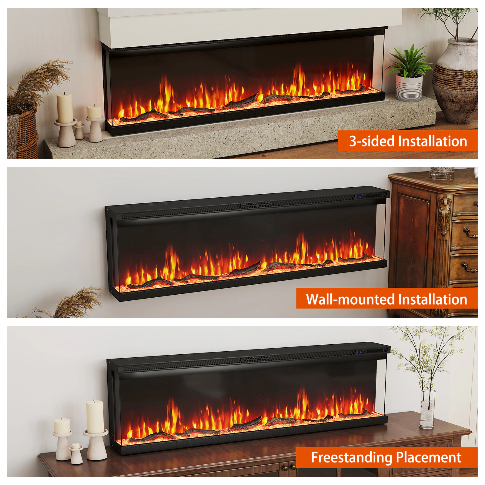 SUGIFT 60-Inch Freestanding Electric Fireplace Insert with 3-Sided Panoramic Glass Black