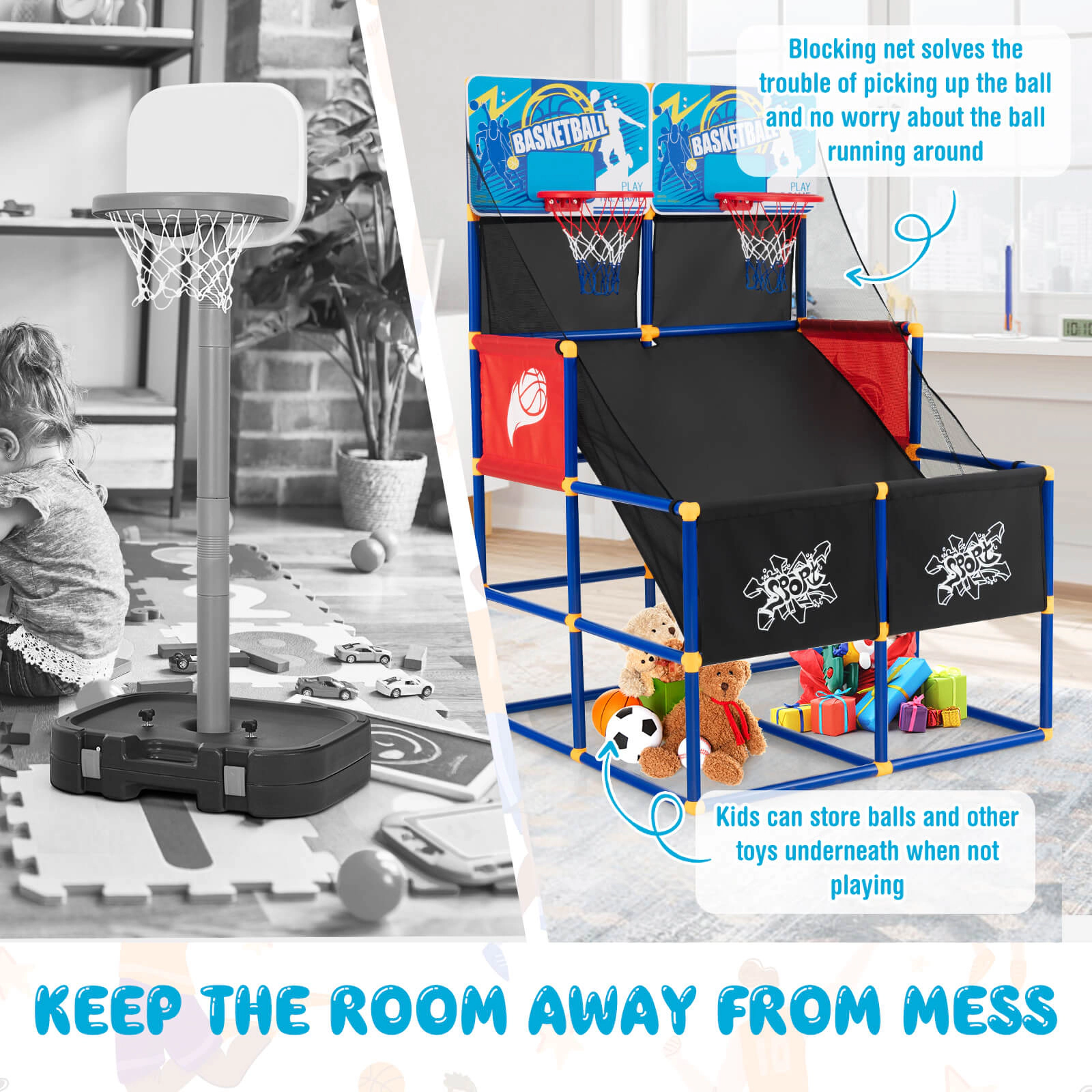 SUGIFT 55-in Kids Arcade Basketball Game Set with Dual Hoops Blocking Net 4 Basketballs and Ball Pump