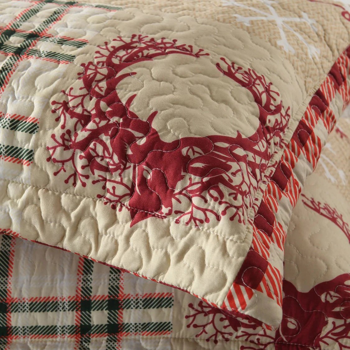 MarCielo 3 Piece Christmas Quilt Bedspread Set, Rustic Lodge Deer Plaid Coverlet Set Lightweight