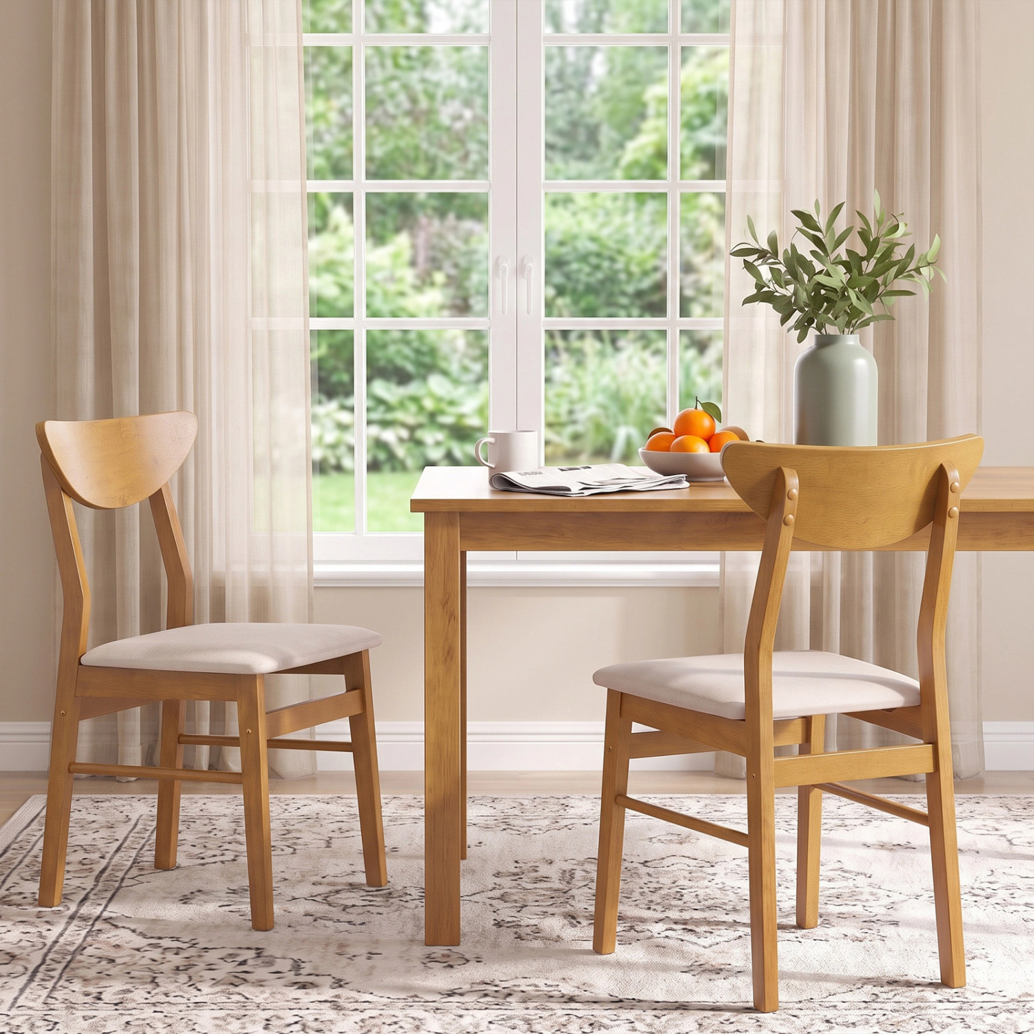 LJG Set of Upholstered Dining Chairs with Curved Backrest and Rubber Wood Frame