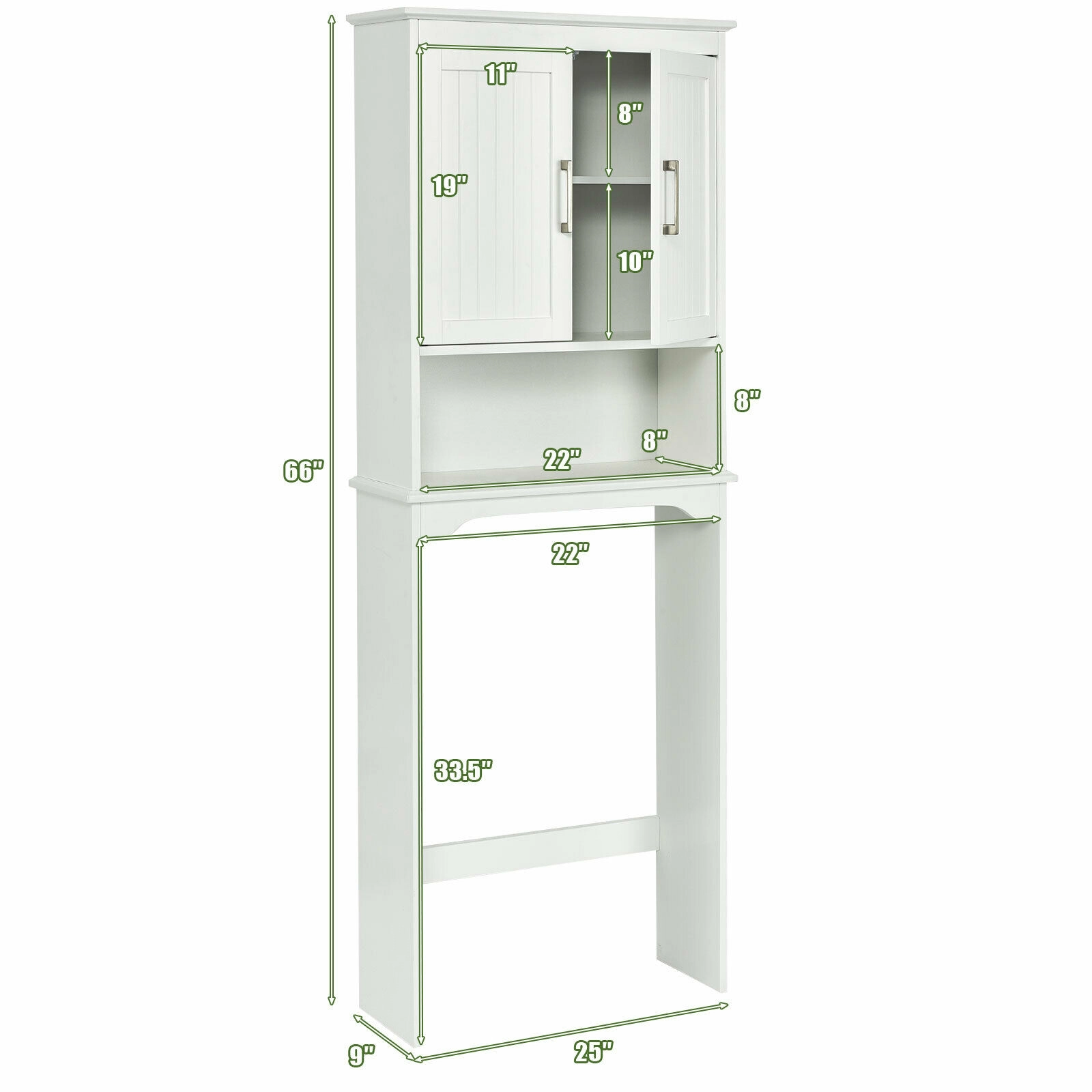 SUGIFT Over Toilet Space Saver White Bathroom Organizer with Storage Cabinet and Open Compartment