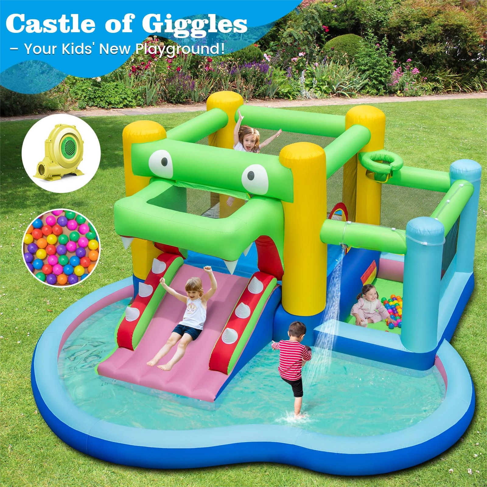 SUGIFT Crocodile 5-in-1 Inflatable Bounce House with Water Slide Ball Pit Sprinkler Pool and 680W Blower