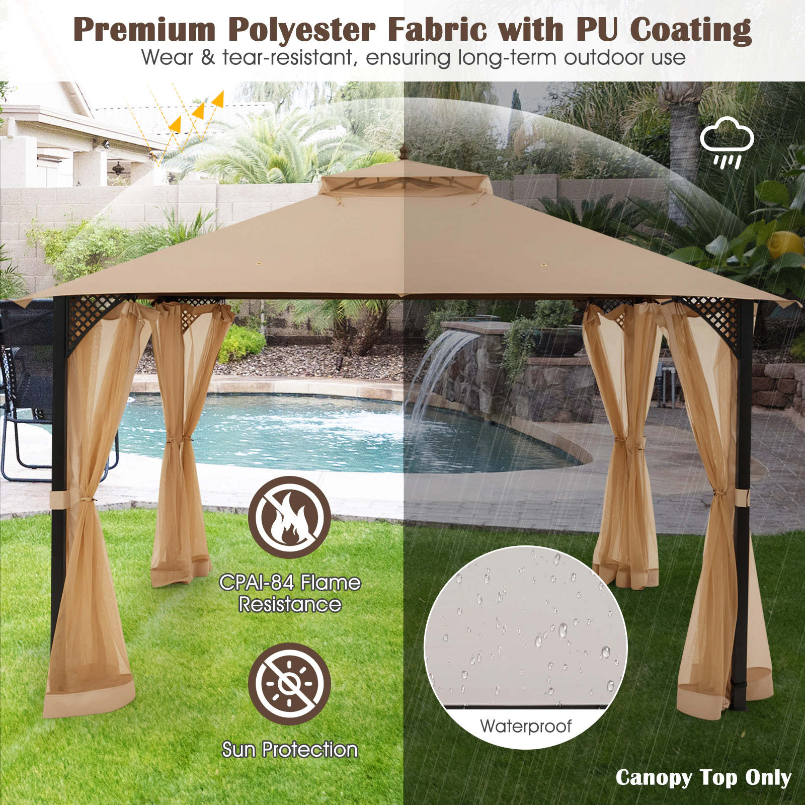 SUGIFT 10-ft x 12-ft Brown Gazebo Replacement Canopy Top with 2-Tier Vented Roof and Drainage Holes