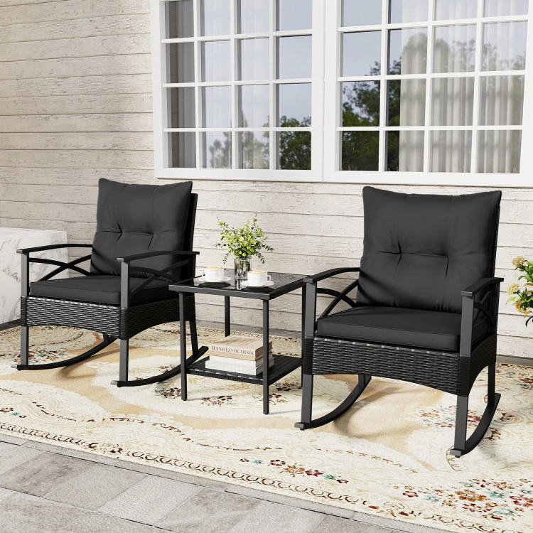 Hivvago 3 Pieces Outdoor Rattan Rocking Chairs Set With  2-Tier Side Table For Garden Backyard