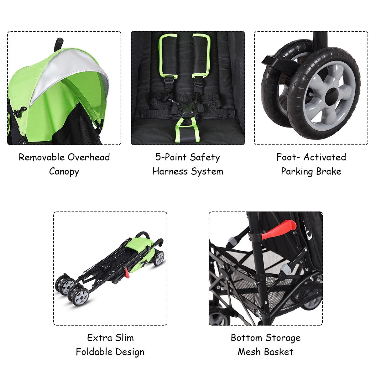 SUGIFT Baby Green Folding Umbrella Stroller with Storage Basket 26-in W 20-in D 43.5-in H 33-lb Seat Capacity