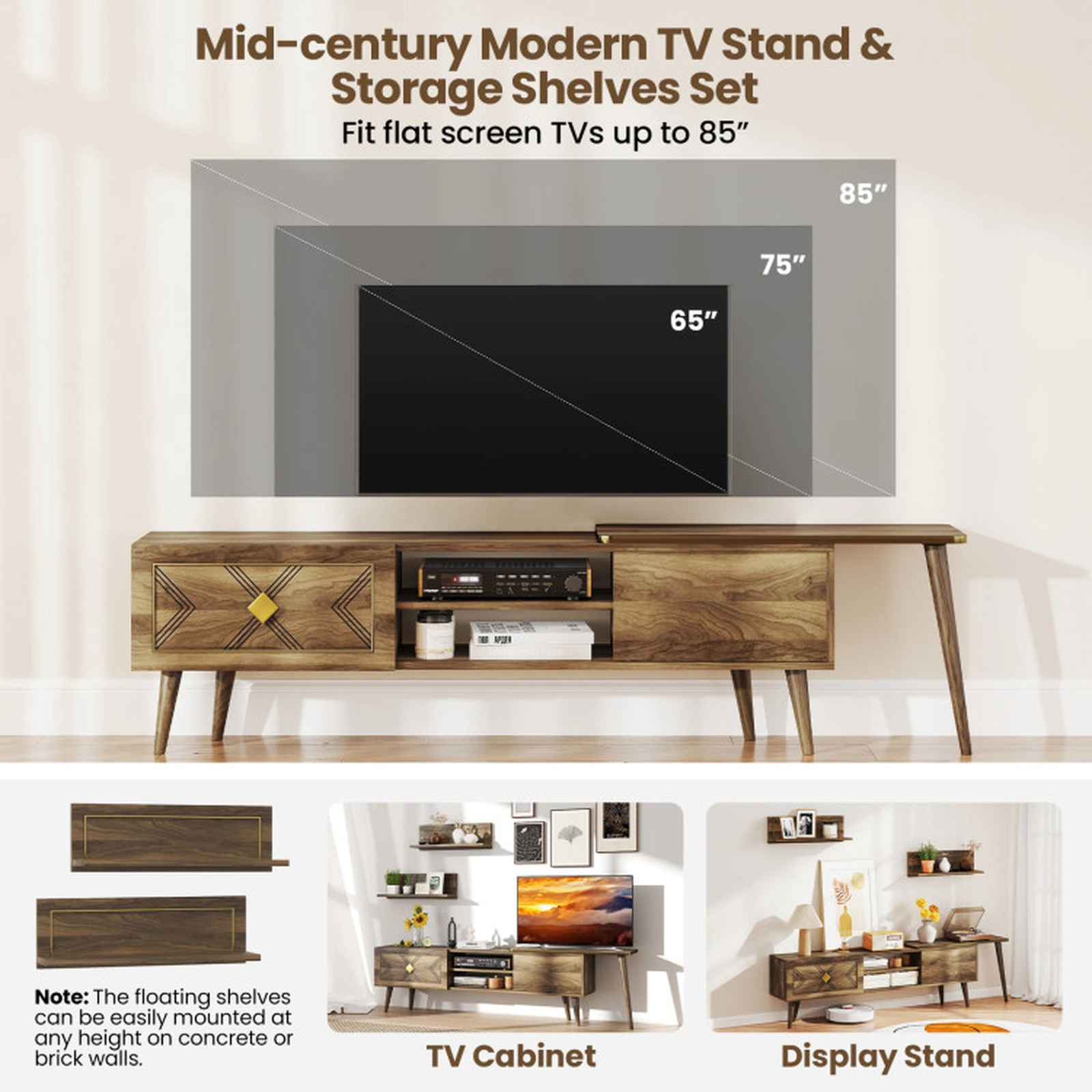 SUGIFT 75 in TV Stand Walnut Mid Century Media Console for TVs up to 85 in with 2 Wall Shelves